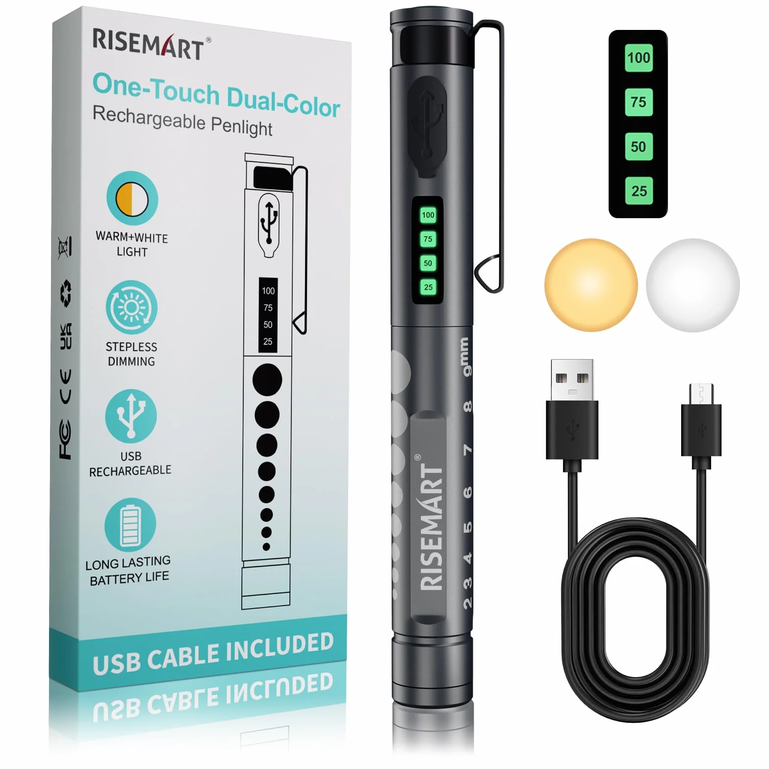 RISEMART Lampa diagnostyczna, medyczna lampa źrenicy LED z możliwością ponownego ładowania, ze wskaźnikiem baterii, ciepła / zimna biel i bezstopniowe ściemnianie, przenośna aluminiowa lampa medyczna
