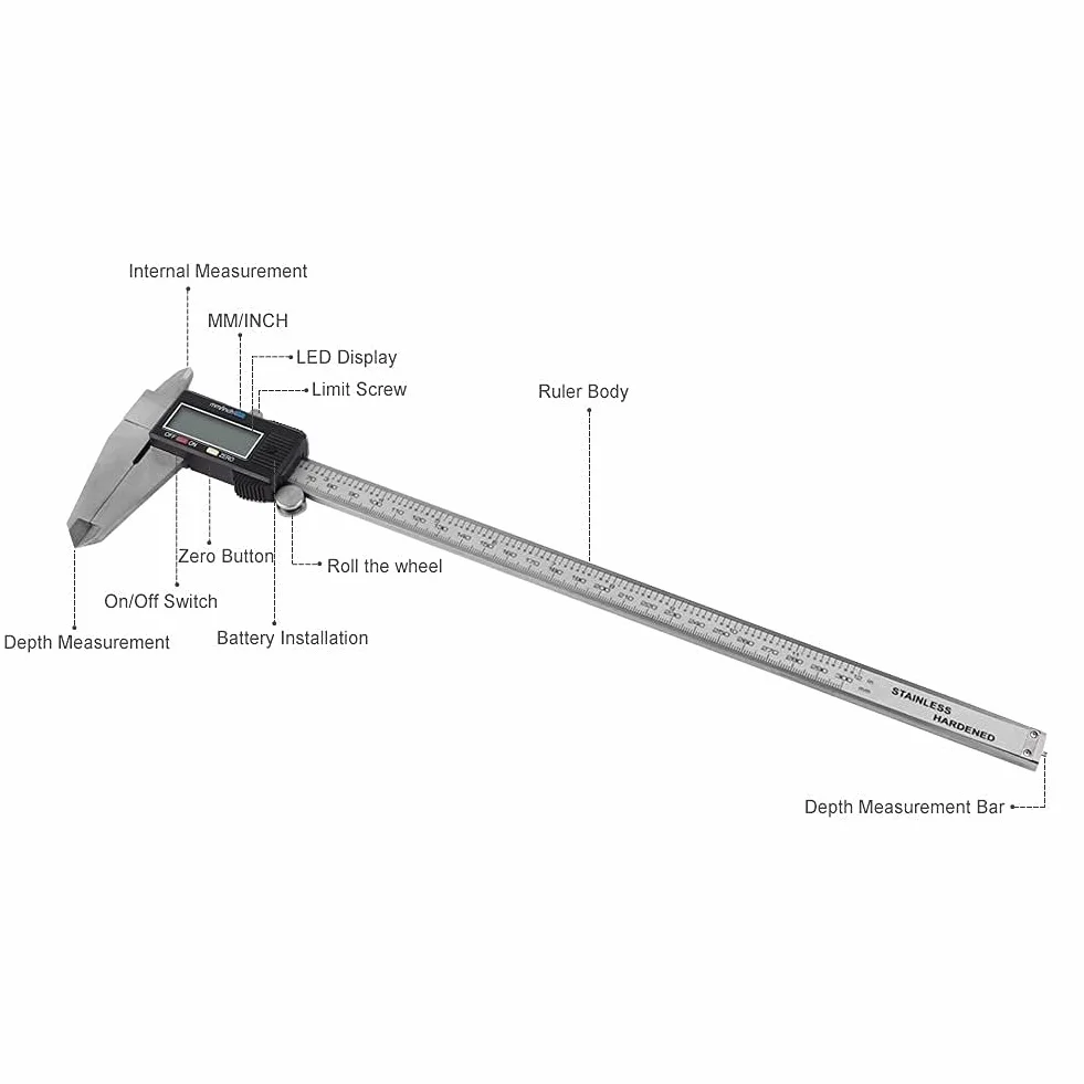 Suwmiarka 30 cm cyfrowa z wyświetlaczem LCD, wykonana ze stali nierdzewnej, konwersja metryczna, urządzenie precyzyjne, z baterią i etui