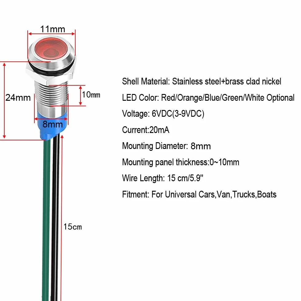 Gebildet 5 Sztuk 8mm 3V-4.5V-5V-6V-7.5V-9Vdc Oszczędność Energii Led Metalowy Wskaźnik Świetlny Wodoodporna Lampka Sygnalizacyjna Z Przewodem (Czerwony/Pomarańczowy/Niebieski/Zielony/Biały)