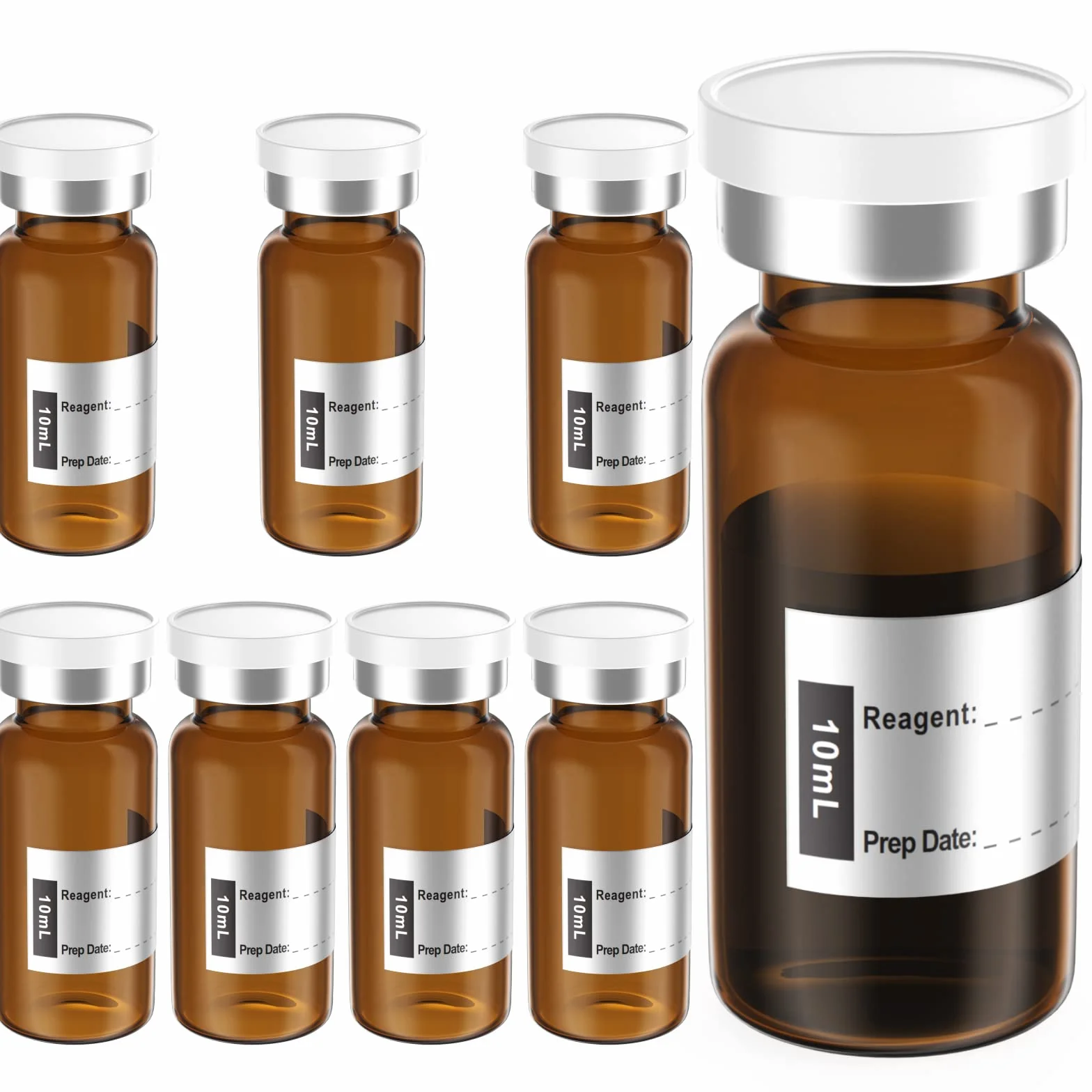 Biomed Solutions Pusta sterylna fiolka zamknięta korkiem z gumy butylowej i zamknięciem z klapką, rurki ze szkła borokrzemowego typu 1, pakowane pojedynczo (10 ml, 8 szt. (bursztynowe))