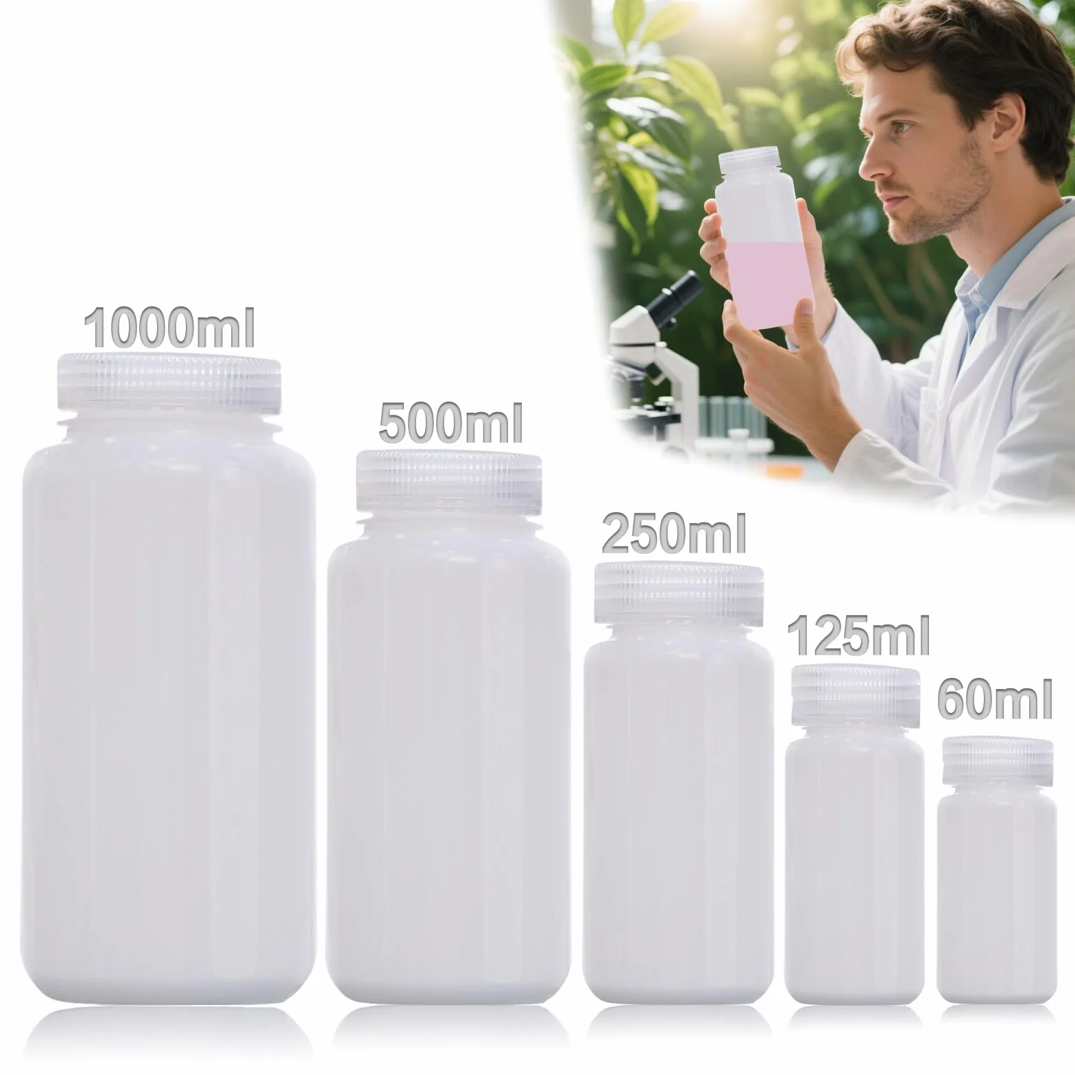 DKBT 6 sztuk butelek z szeroką szyjką z tworzywa sztucznego, 60 ml, puste butelki laboratoryjne, szczelne, z polietylenu (HDPE), z szerokim otworem, do butelek na tabletki, butelki na próbki wody