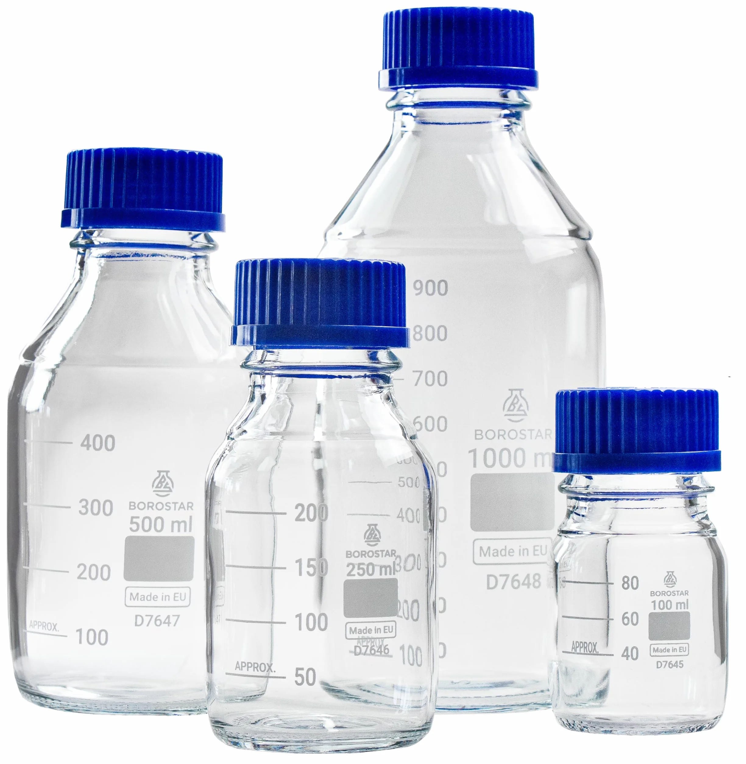 Butelka laboratoryjna (Boro 3.3), GL45, z zakrętką i pierścieniem do nalewania PP, niebieska, 500 ml