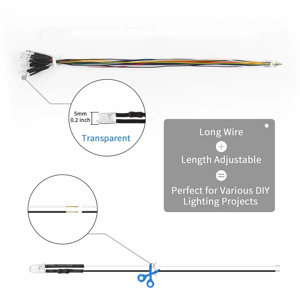 YIXISI 100 Sztuk 5mm Ultra Jasne 12V Wstępnie Przewodowe Diody LED, Biały Czerwony Niebieski Zielony Żółty