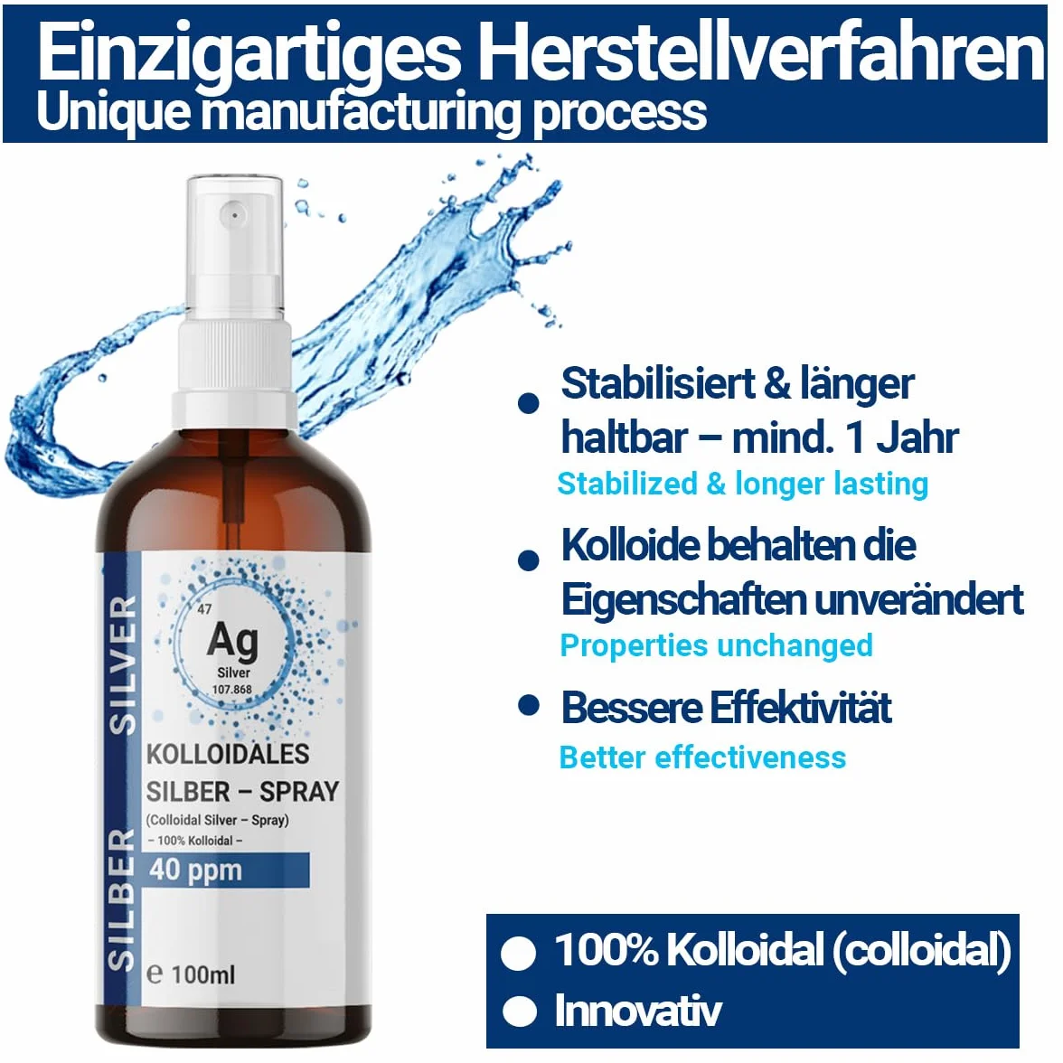 1x 100 ml sprayu koloidalnego srebra (40 ppm) w butelce z brązowego szkła – spryskiwacz | woda srebrowa | woda najczystsza