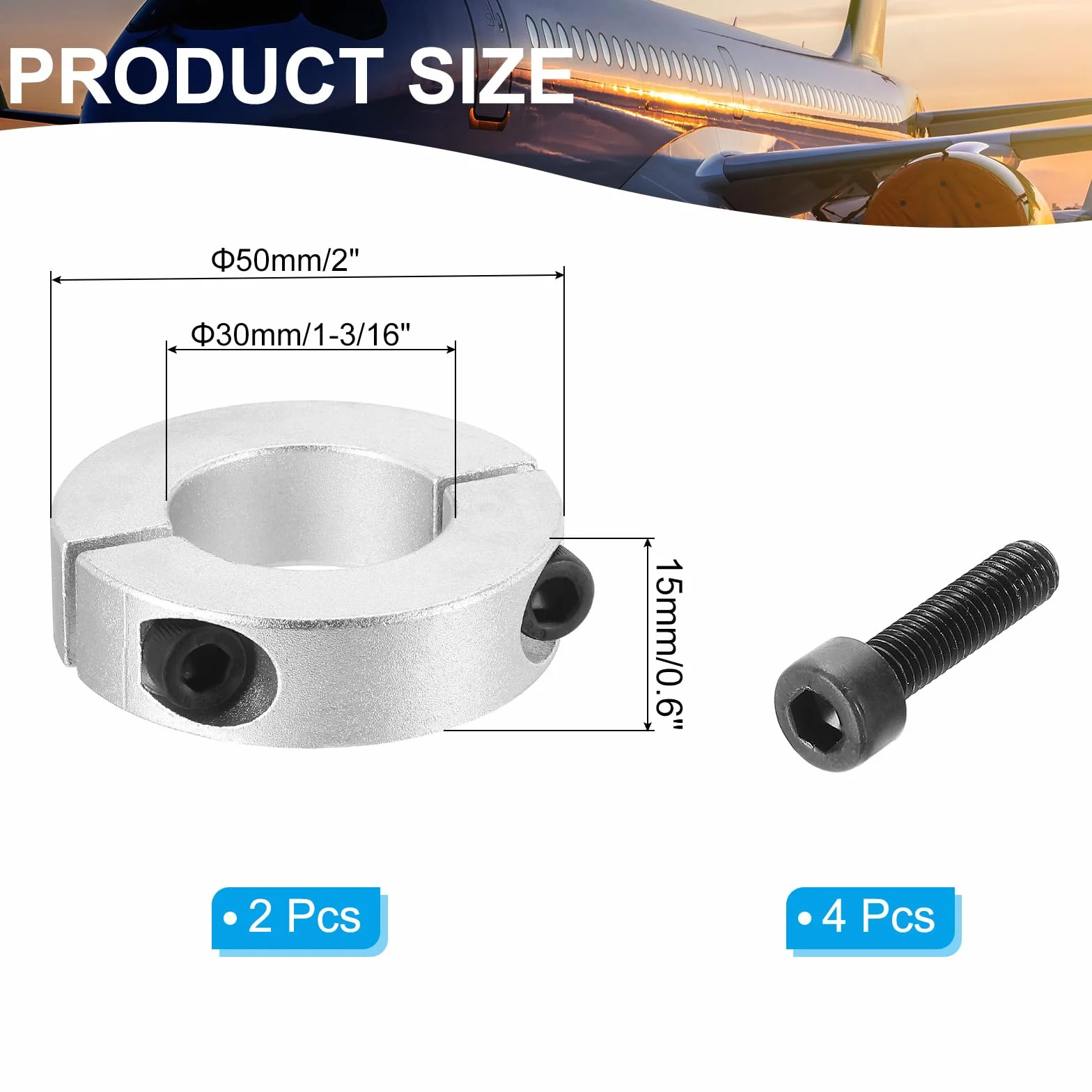PATIKIL Otwór 30 mm podwójny podział kołnierz wału zaciskowego 50 mm OD 15 mm grubość, 2 szt. Kołnierz blokujący ze stopu aluminium styl zacisk ze śrubą mocującą do przemysłu mechanicznego, srebrny