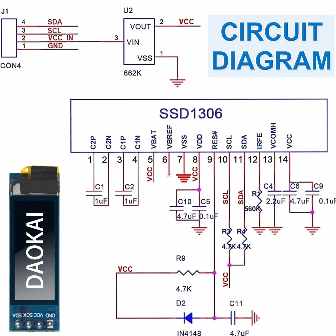Wyświetlacz OLED 0,91", 128 x 32 piksele, I2C OLED, moduł wyświetlacza, sterownik, mały moduł DC 3,3 V do 5 V, białe znaki, kompatybilny z Arduino (5 sztuk)