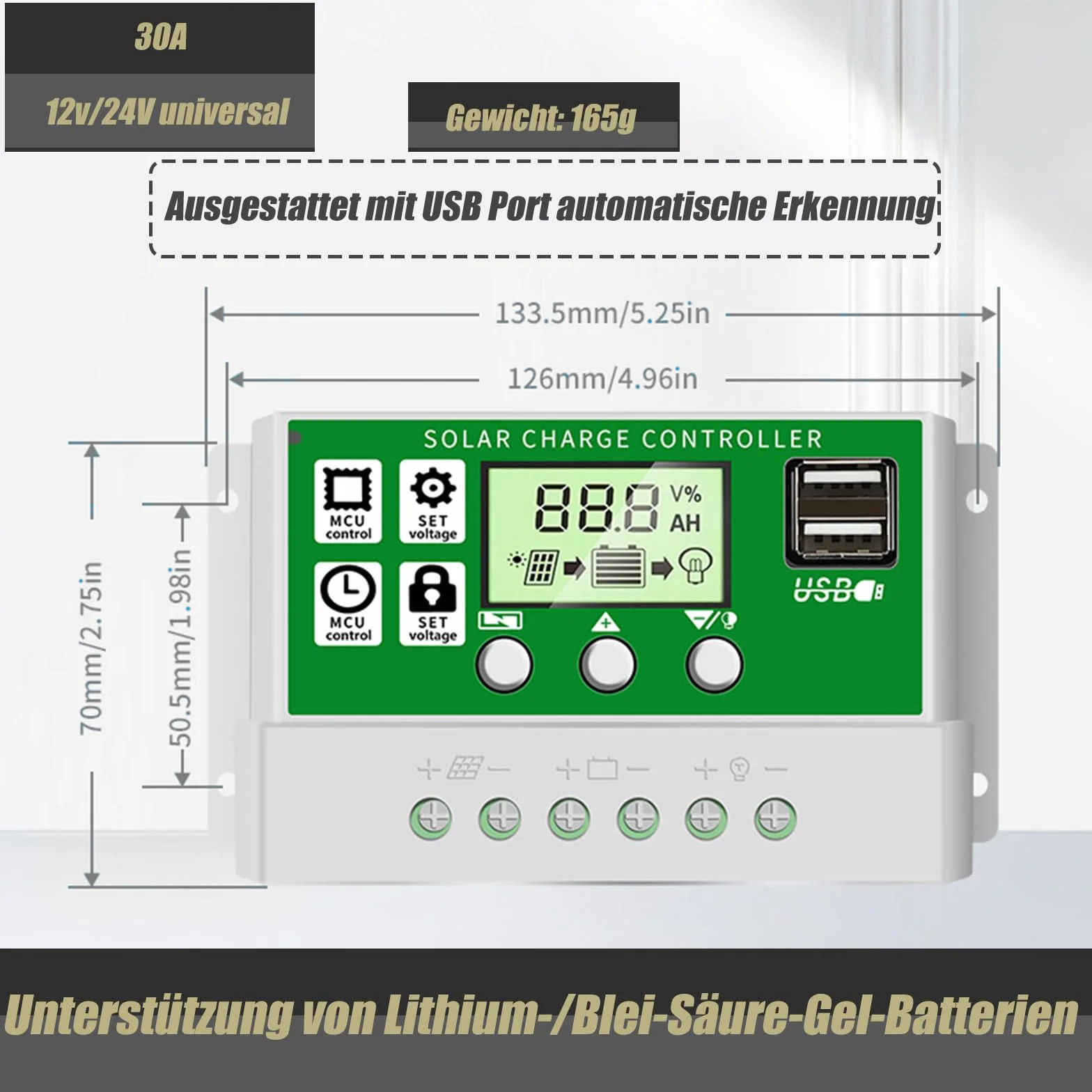 Regulator ładowania słonecznego, PWM 12 V, regulowany wyświetlacz LCD do Life-PO4, żel ołowiowy, kwas litowy, 2 porty USB, konwerter słoneczny 30 A
