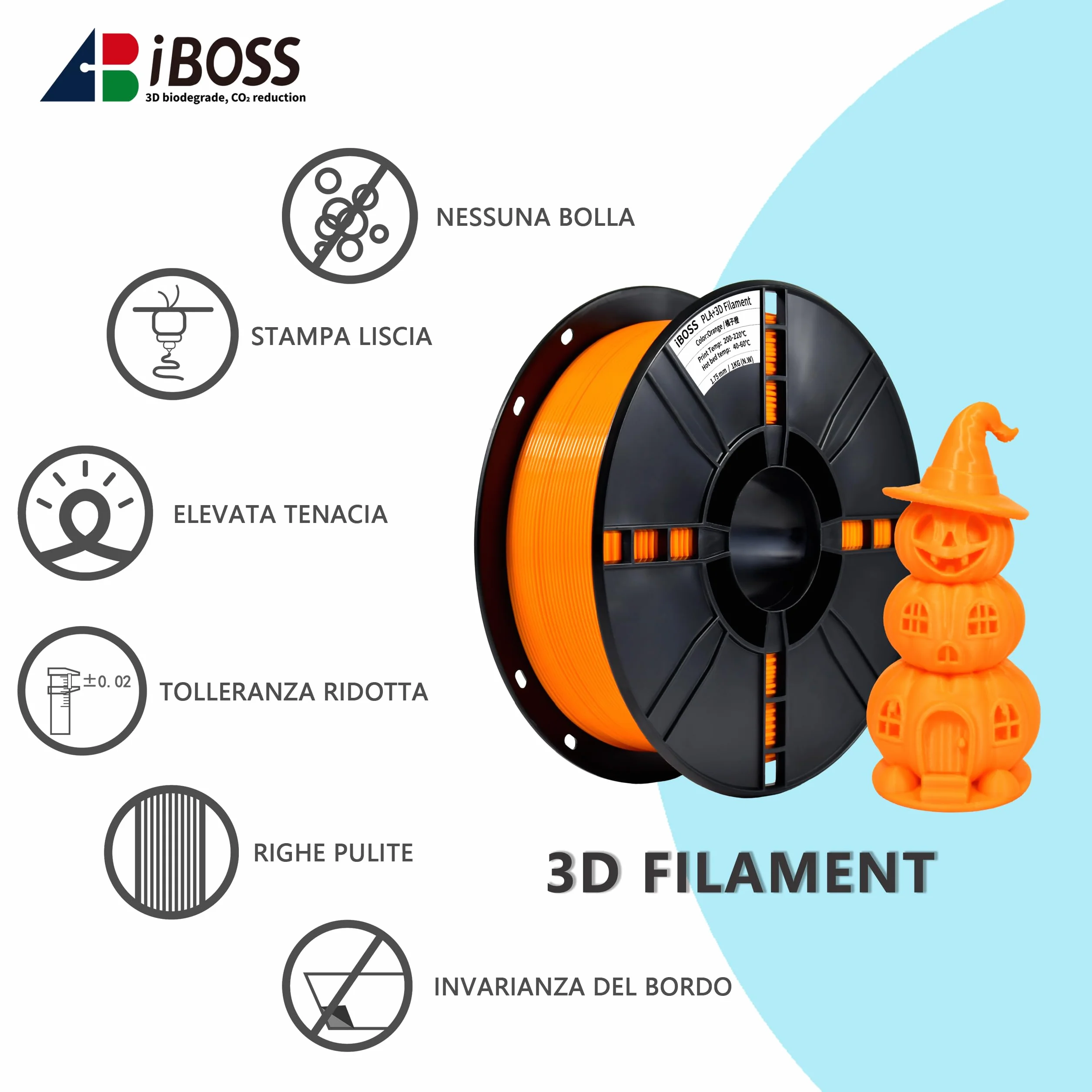iBOSS PLA Plus (PLA+) filament 3D 1,75 mm, filament PLA Plus, dokładność wymiarowa +/- 0,02 mm, szpula 1 kg, filament do druku 3D, kolor pomarańczowy