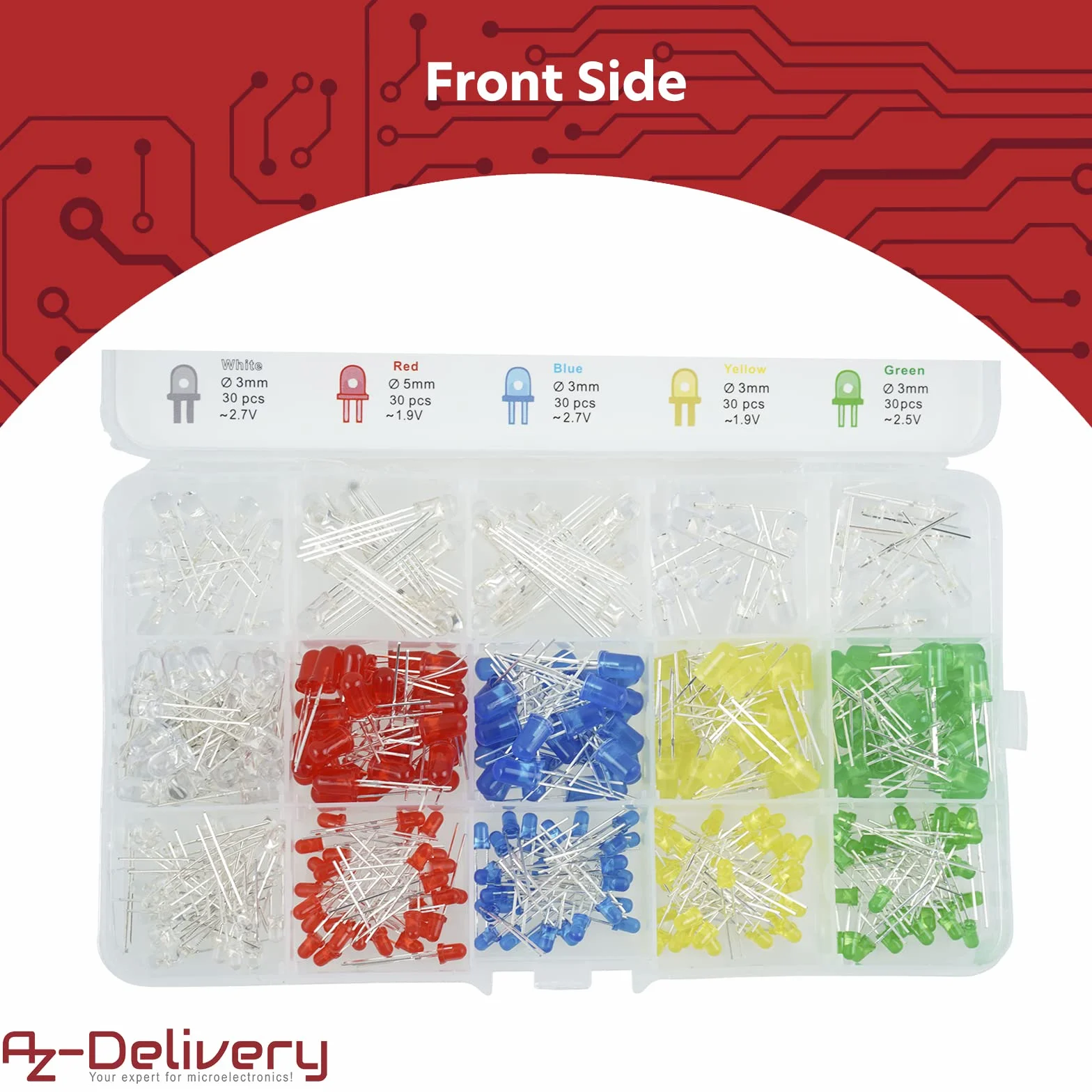 AZDelivery Zestaw asortymentu diod elektroluminescencyjnych LED, 350 sztuk, 3 mm i 5 mm, 5 kolorów, zestaw okrągłych diod LED emitujących, UV RGB CC/CA kompatybilny z Arduino E-book w zestawie!