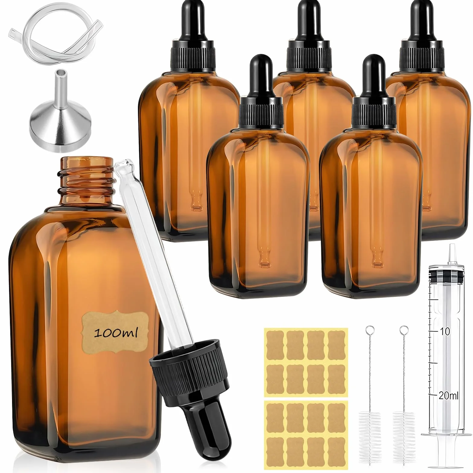 6 butelek z brązowego szkła z pipetą 100 ml, butelka apteczna z kroplomierzem, szklana butelka z brązowym szkłem zapobiegającym promieniowaniu UV, ze strzykawką, do olejku eterycznego