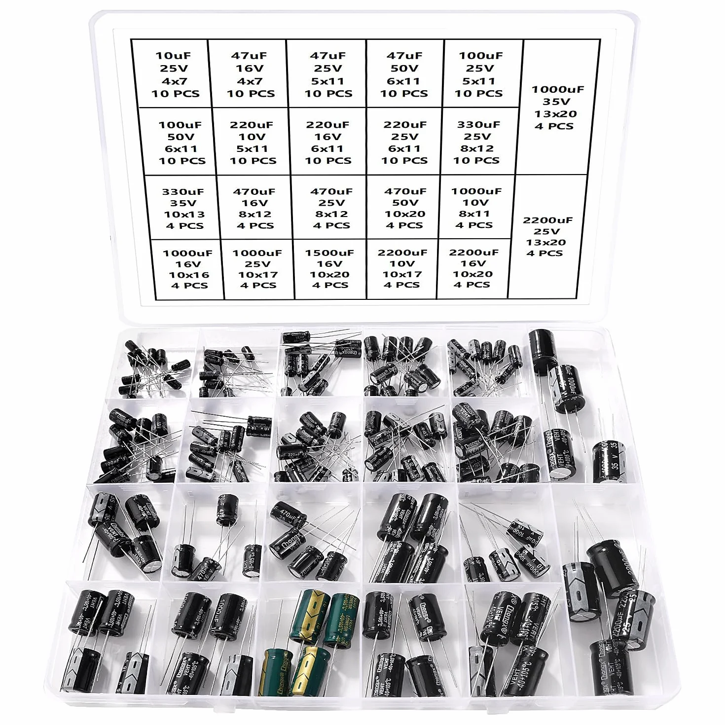 YIXISI 148 Sztuk 22 Wartości Zakres 10uF-2200uF 10V 16V 25V 35V 50V Zestaw Kondensatorów Elektrolitycznych, Aluminiowe Kondensatory Elektrolityczne, do Telewizora, Monitora LCD, Radia, Stereo, Gier