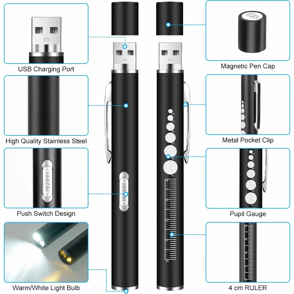 flintronic Lampa medyczna źrenicy, lampa diagnostyczna, dla pielęgniarek, służb ratowniczych, akcesoria, z miernikiem źrenic i linijką, ładowalna lampka LED na długopis USB dla pielęgniarek, studentów