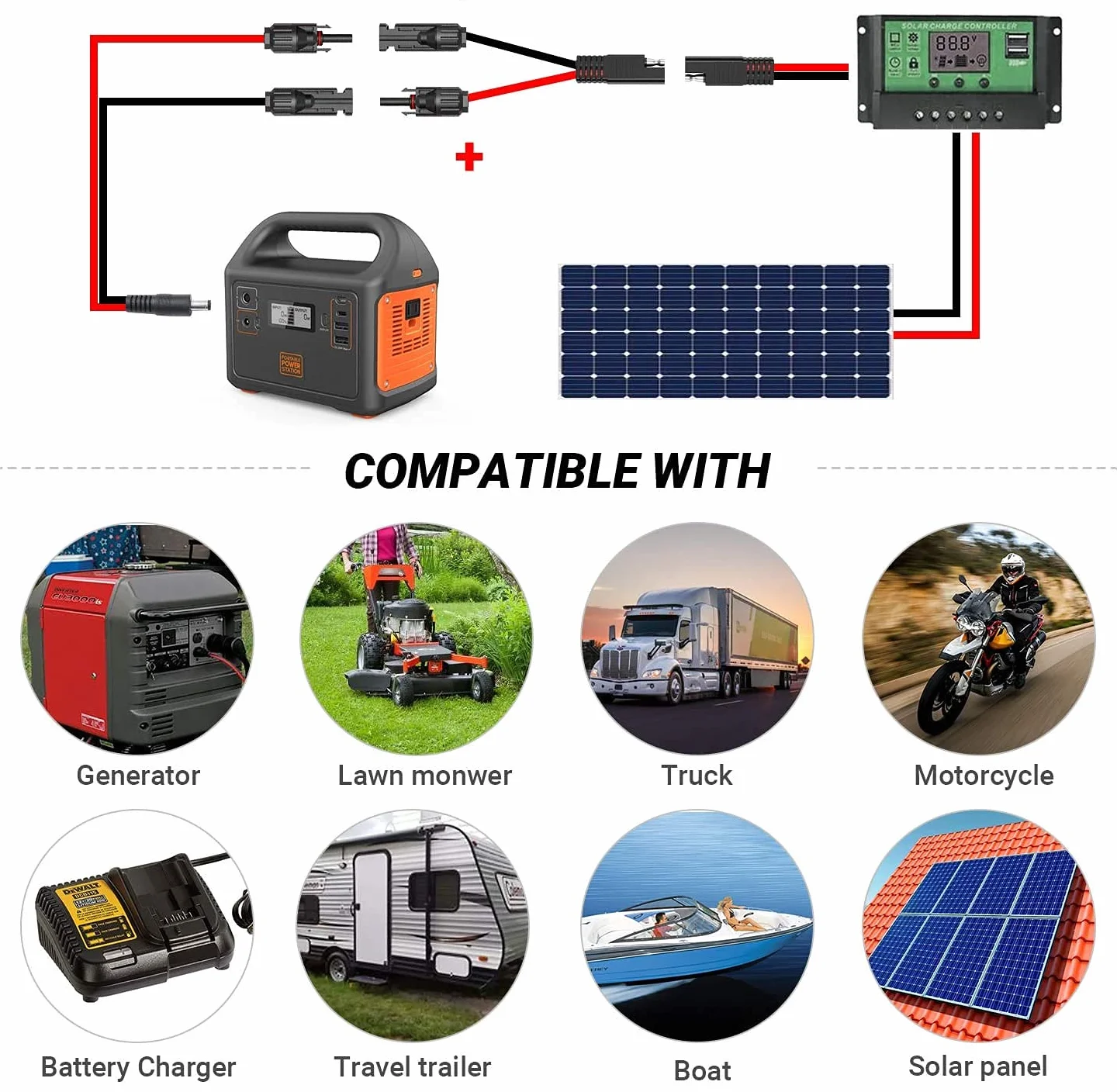 Przyłącze fotowoltaiczne do adaptera SAE, panel słoneczny, wtyczka do adaptera SAE, złącze kabla 10AWG, zestaw do ładowania baterii paneli słonecznych RV 35 cm