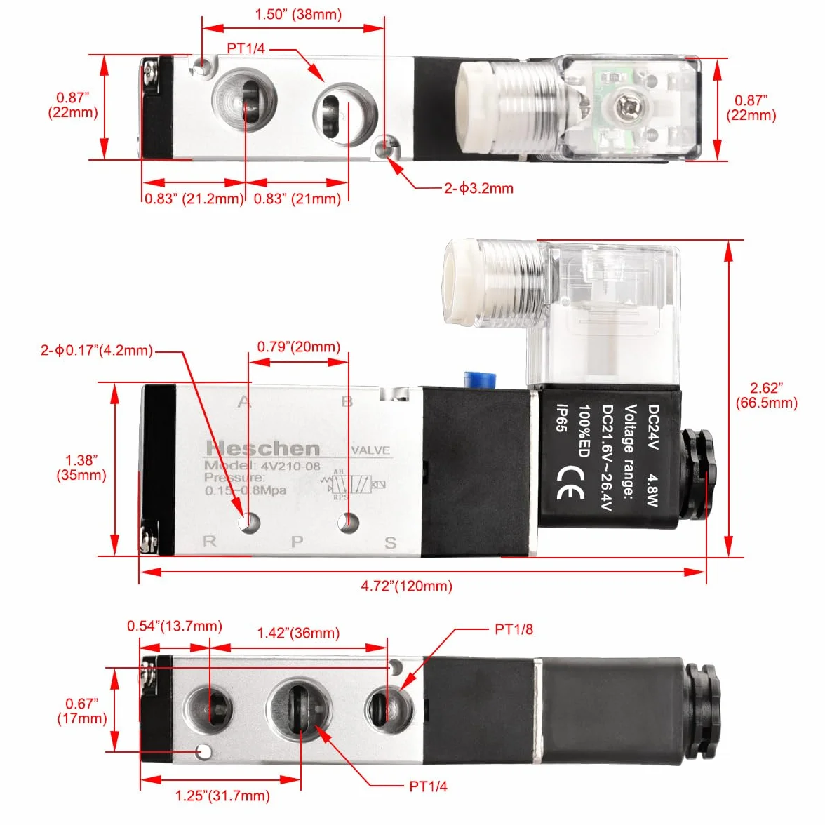 Heschen elektryczny zawór elektromagnetyczny 4V210-08 DC 24 V PT 1/4 5-drożny 2 pozycje