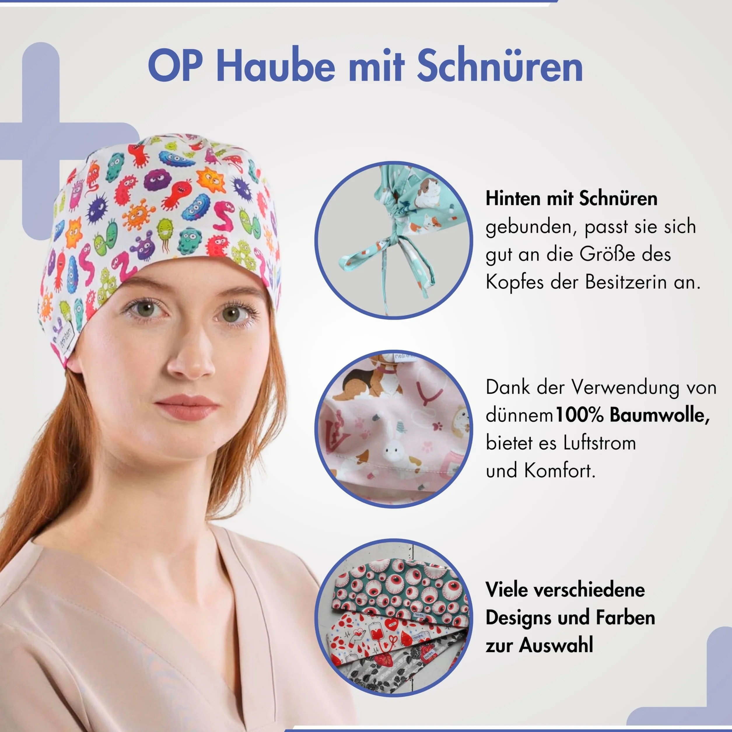 OP kaptur ze sznurkami, akcesoria do kostiumu lekarza, unisex, materiał wielokrotnego użytku, akcesoria dla pielęgniarki, bawełna, czepek medyczny - czaszka, róże, pistolety