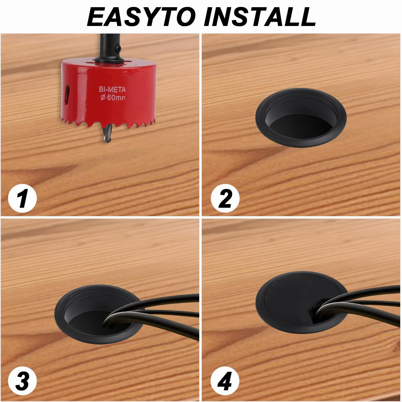 Wiertło do otwornic 60 mm i 6 szt. okrągłych otworów na biurko, czarne 60 mm osłony otworów na biurko, plastikowe przelotki na biurko, metalowe otwory HSS, plastikowy przewód biurkowy, osłona otworu