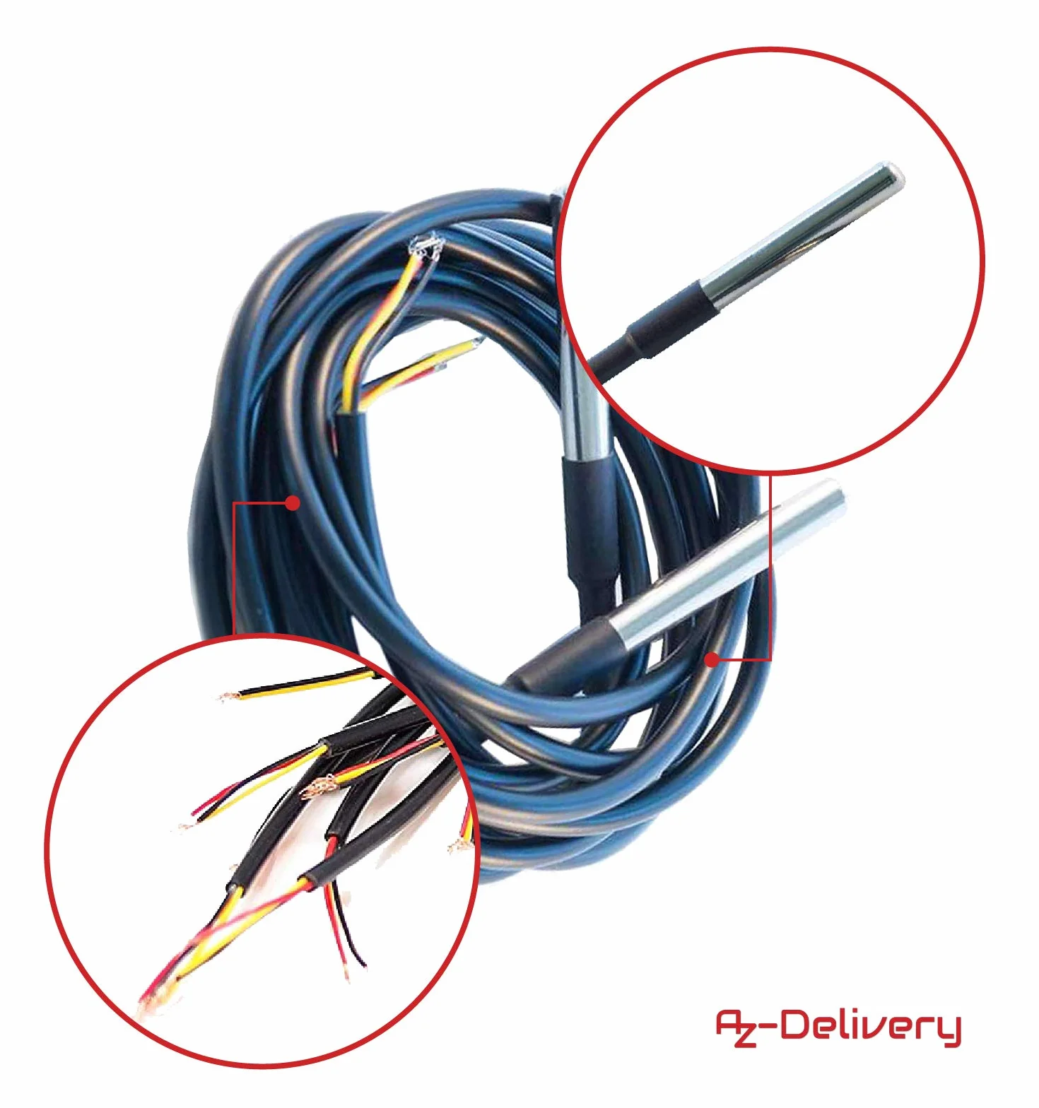 AZDelivery 5 x 1M kabel DS18B20 cyfrowy czujnik temperatury ze stali nierdzewnej sonda temperatury, wodoodporny kompatybilny z Arduino i Raspberry Pi w tym e-book!