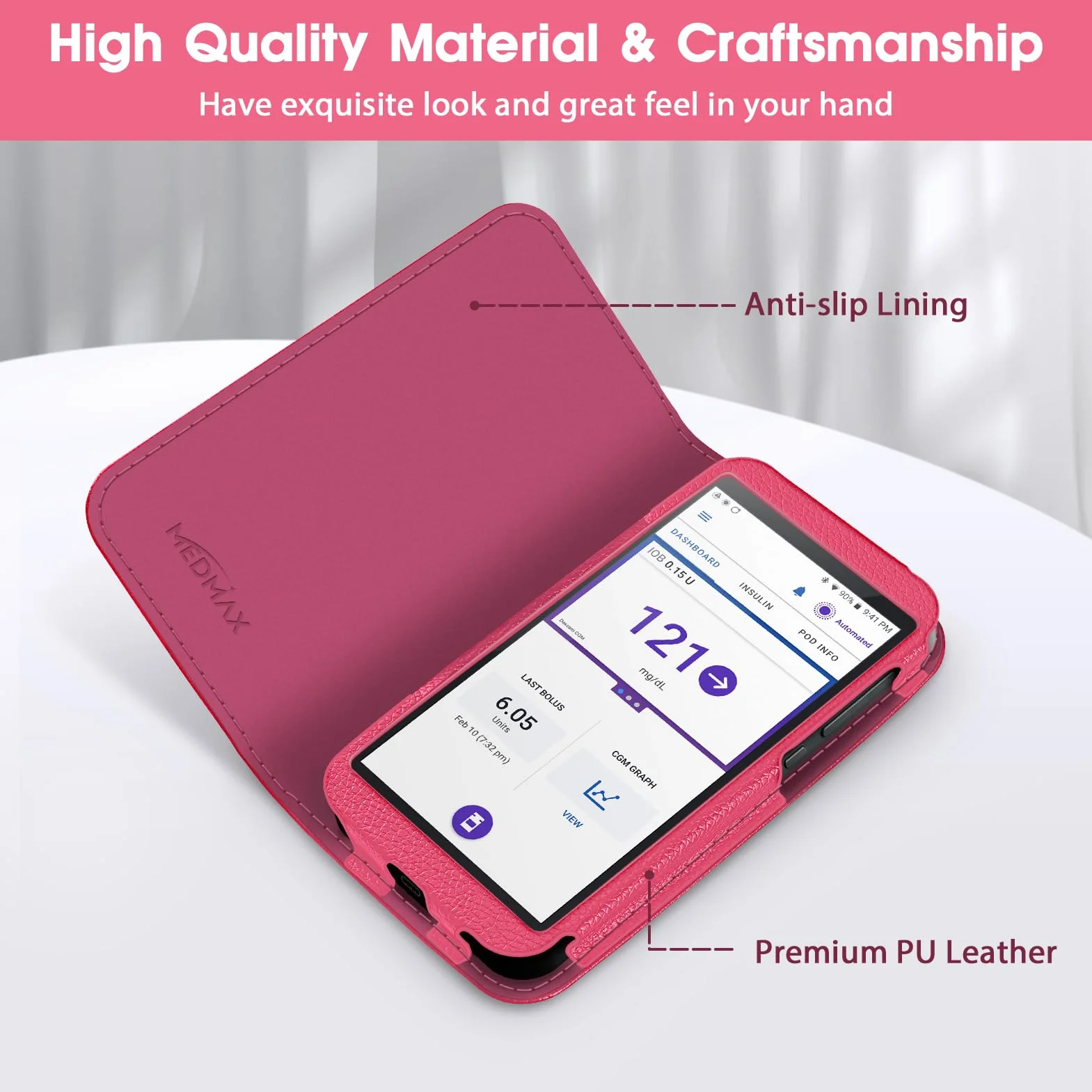 MEDMAX Etui na Omnipod 5, lekka sztuczna skóra, pokrowiec ochronny z wycięciem na Dexcom G7, torba do przechowywania dla cukrzyków do urządzenia Omnipod 5, magenta, Praktyczny i praktyczny