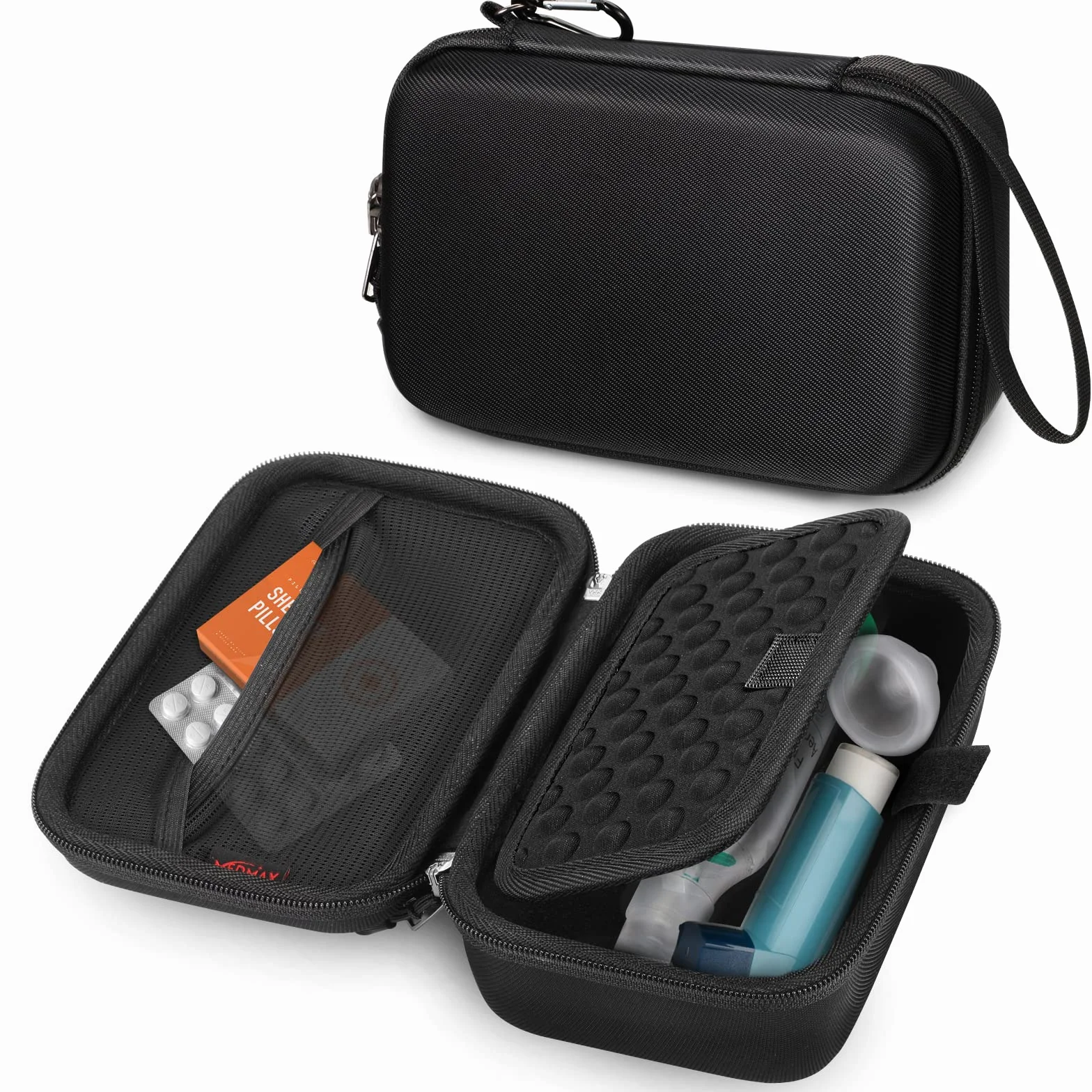 MEDMAX Tragbare Tasche für Asthma Inhalator, schützende stoßfeste Medizin-Reise-Tragetasche mit Clip und Trageriemen kompatibel mit Kammerinhalator-Abstandsmasken, Schwarz