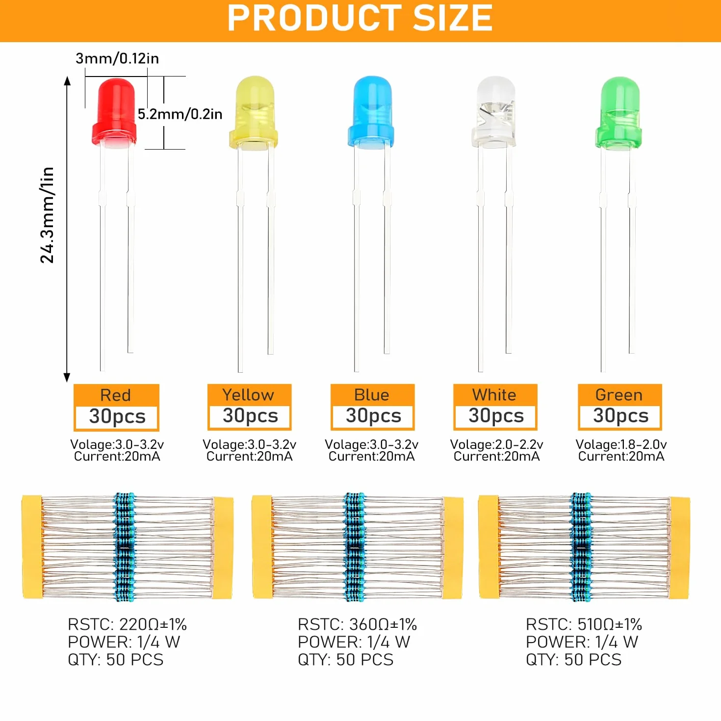 450 Sztuk 3mm Diod LED z Rezystorem & Plastikowym Uchwytem Diody, 2-Pinowe Diody Elektroluminescencyjne z Rozproszonym Kolorowym Len, Okrągła Diody LED, Biały/Zielony/Czerwony/Niebieski/Żółty