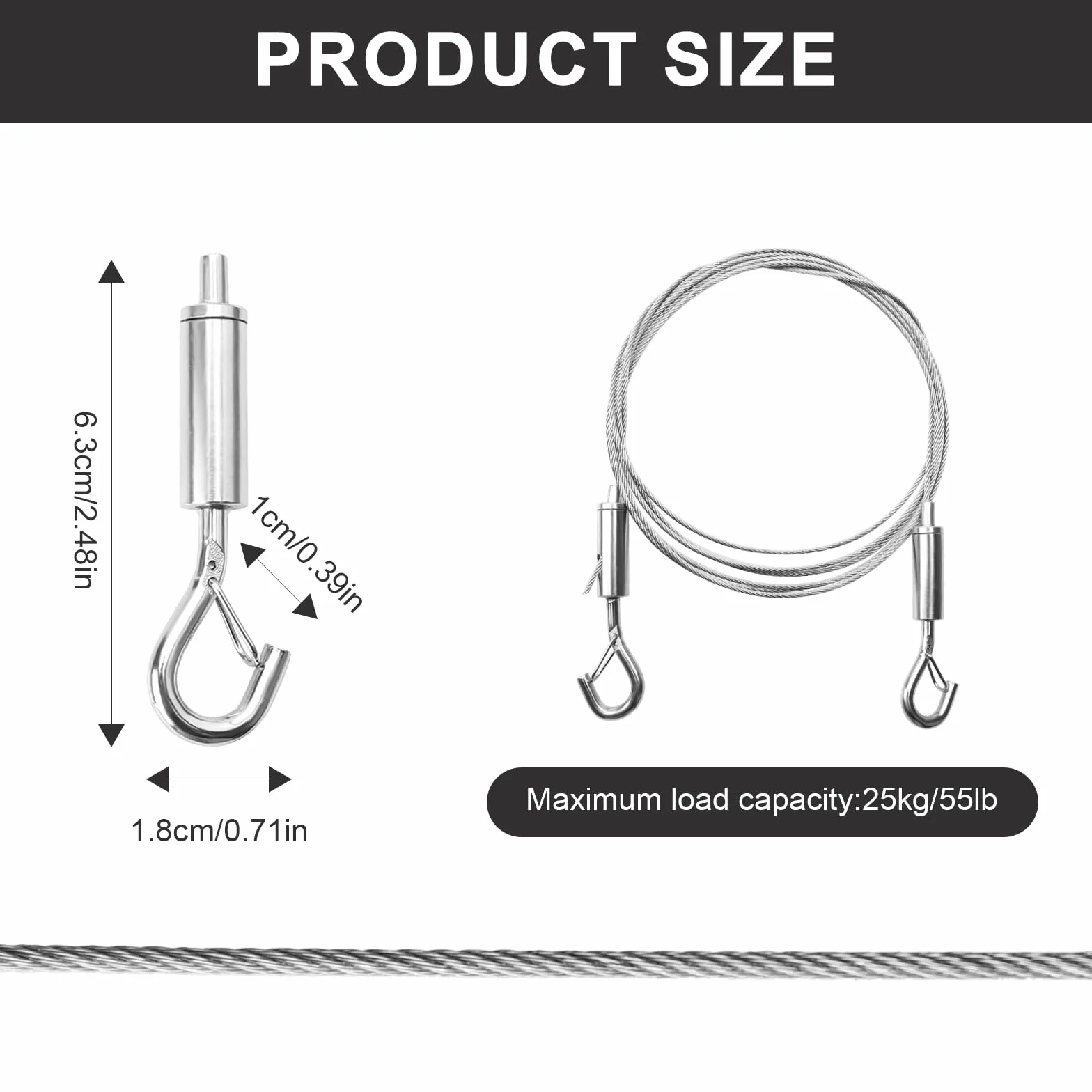 Lina stalowa 1.5mm - Regulowane zawiesie z oczkami i hakami - 2 m x 1,5 mm stal nierdzewna - do wieszania luster, obrazów, lamp i dzieł sztuki - udźwig do 25 kg