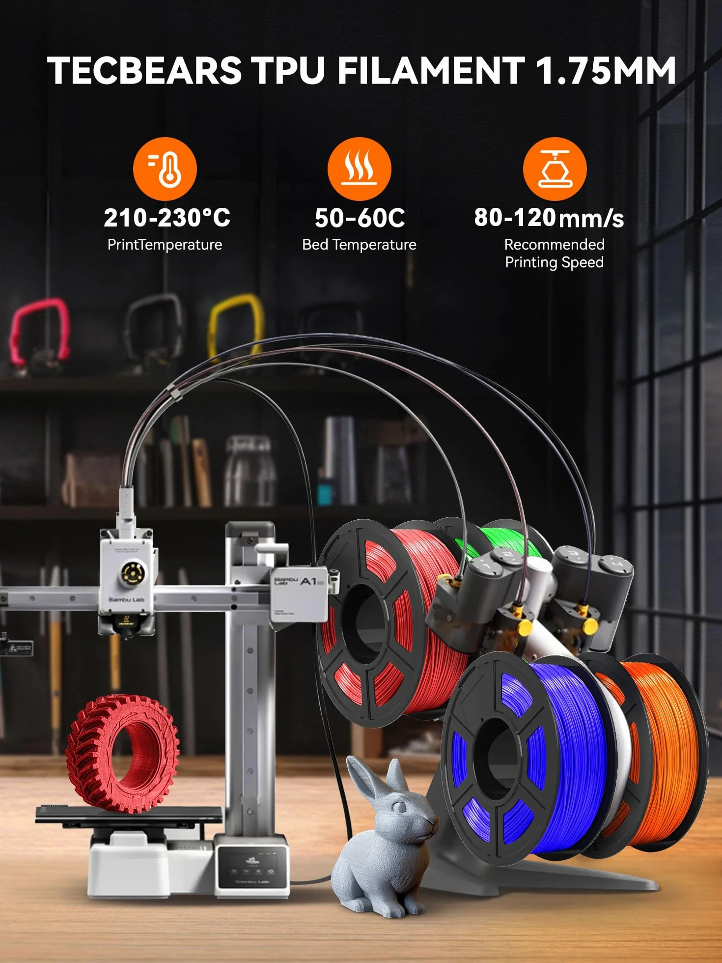 TECBEARS Elastyczny filament TPU 1,75 mm, twardość TPU 95 A, dokładność wymiarowa +/- 0,03 mm, szpula 1 kg, szary