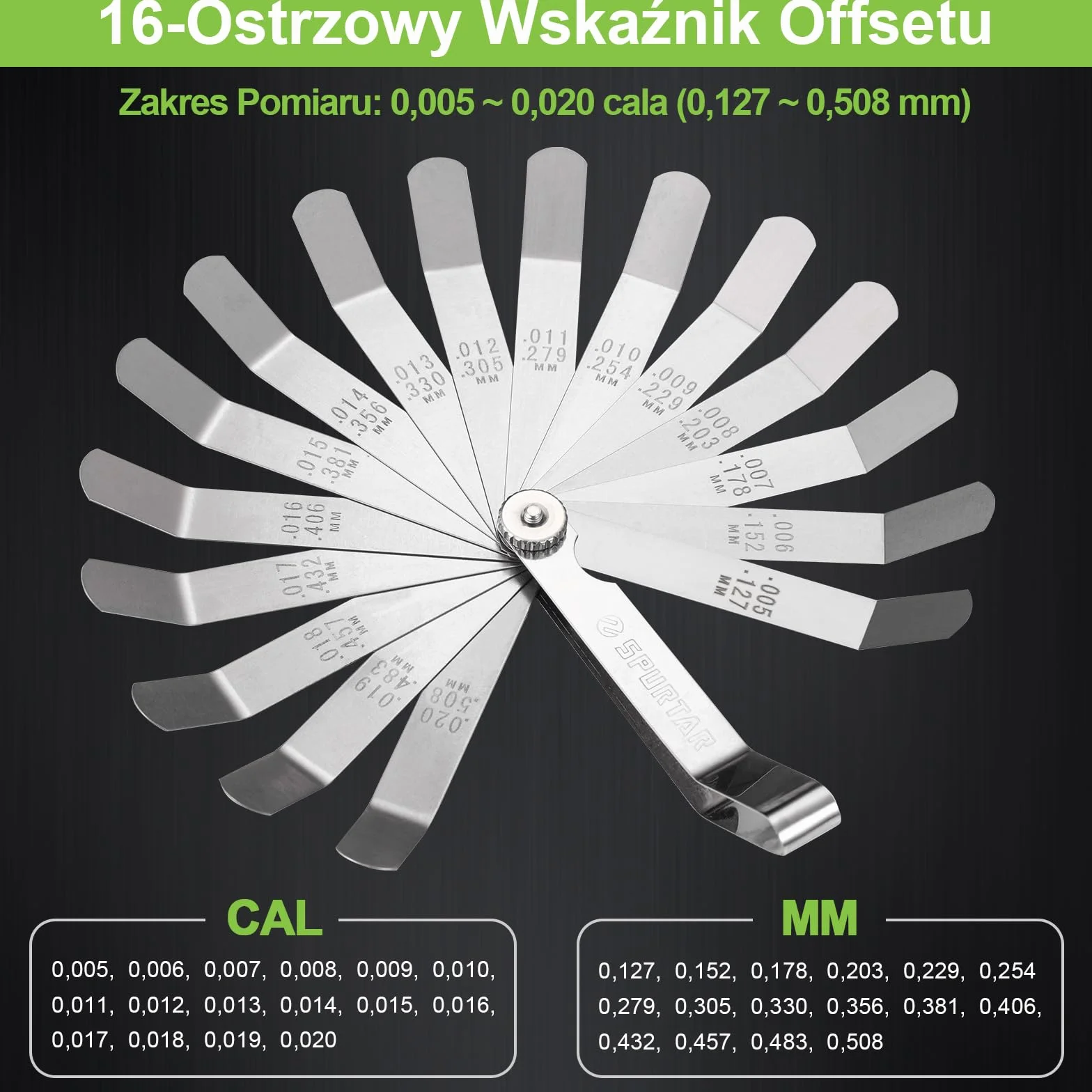 Spurtar Zestaw szczelinomierzy, 32 ostrza stożkowe i 16 ostrzy offsetowych, stal nierdzewna, dwa oznaczenia SAE i metryczne szczelinomierze do świec zapłonowych, zaworów, tłoków, gitar