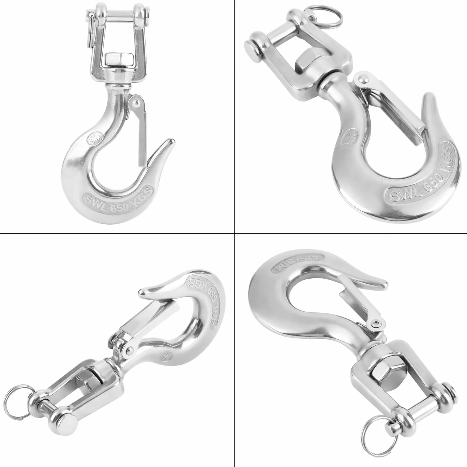 Sicherheits-Haken 304 Edelstahl-Schwenker-anhebender Haken-Stahlaugen-Haken mit Verschluss-Rigging-Zusatz 650kg / 1000kg(650kg)