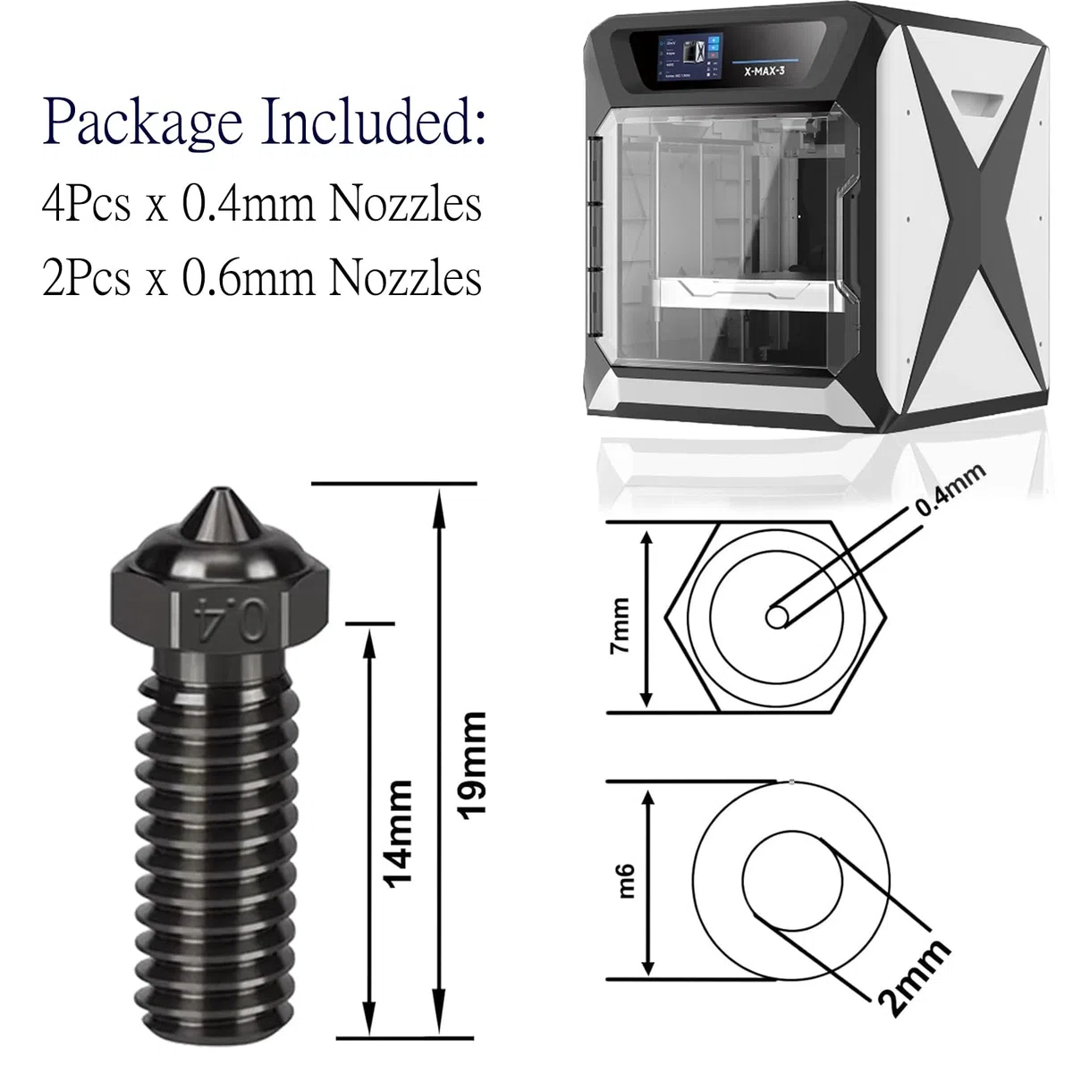 6 sztuk dysz ze stali hartowanej do QIDI Q1 Pro/X-Plus 3/X-SMART3/X-MAX3, dysza ze stali hartowanej, 4 szt. 0,4 mm, 2 szt. 0,6 mm dysze do drukarki 3D QIDI
