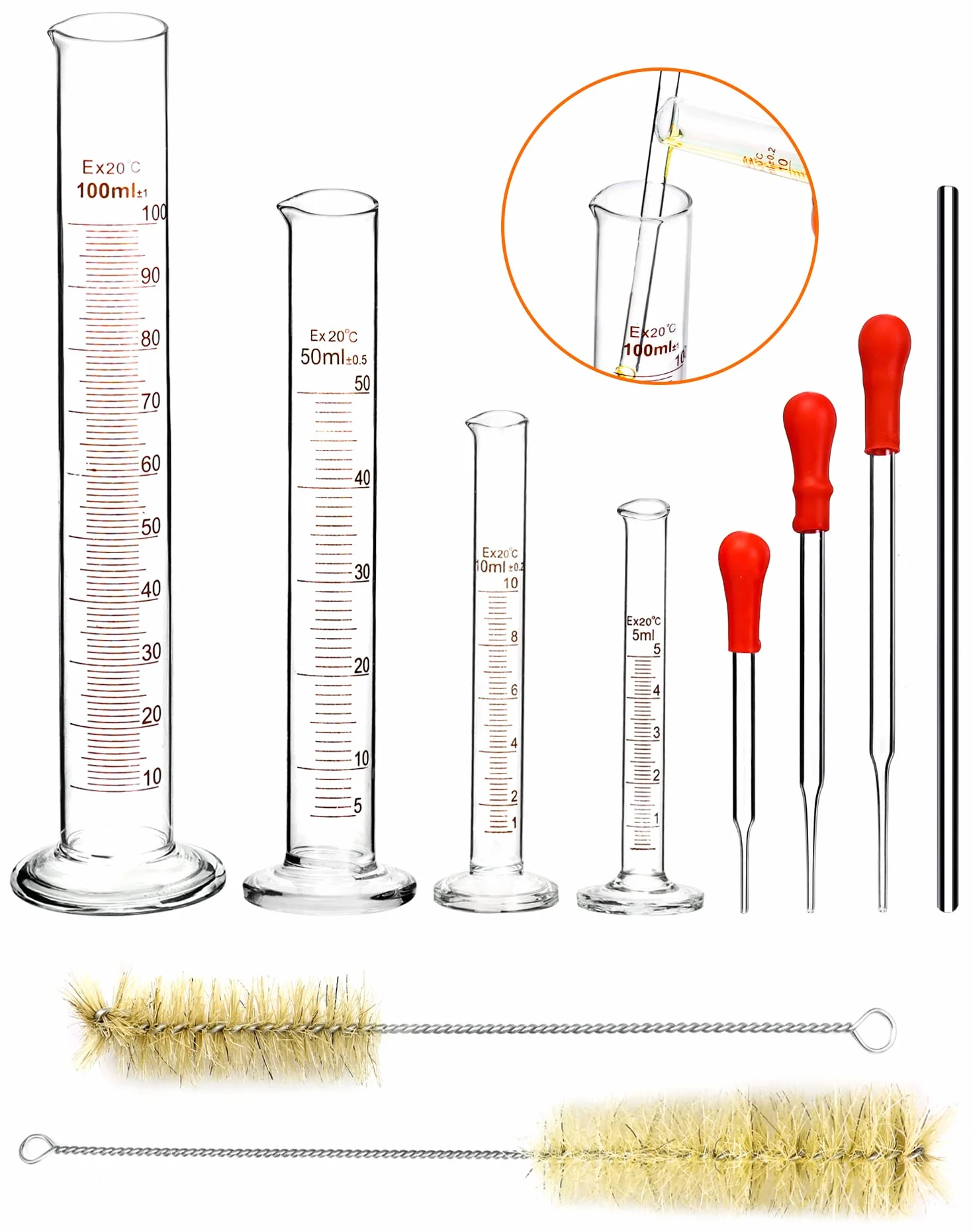QWORK Szklany cylinder z podziałką 5 ml 10 ml 50 ml 100 ml z pipetami szczotką do probówek i prętem do mieszania