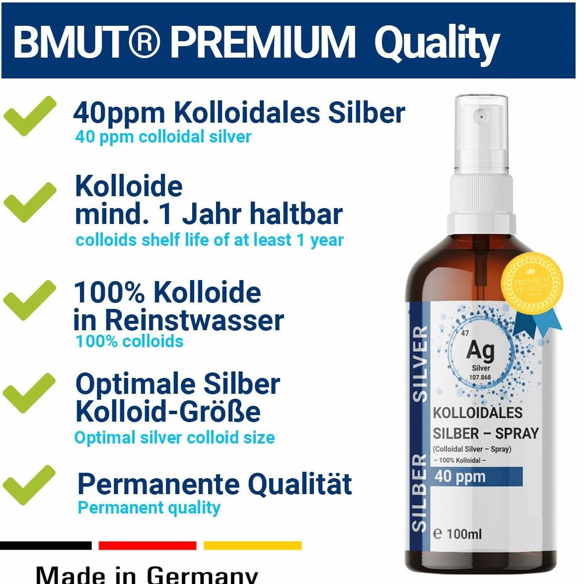 1x 100 ml sprayu koloidalnego srebra (40 ppm) w butelce z brązowego szkła – spryskiwacz | woda srebrowa | woda najczystsza