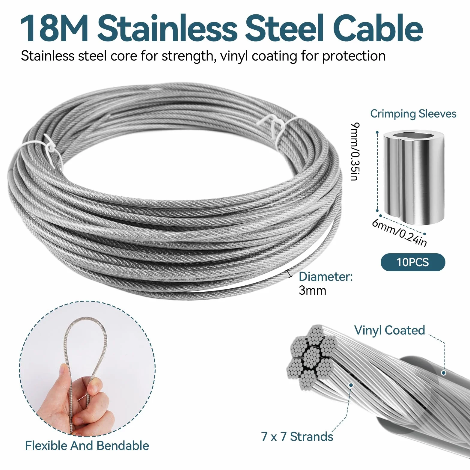 Lina stalowa ze stali nierdzewnej 18 m/ 3 mm, 7 x 7 rdzeni linka ze stali nierdzewnej 3 mm, linka stalowa osłona, lina ze stali nierdzewnej, zestaw linek drucianych, do ogrodzenia, wiszenia, firanek