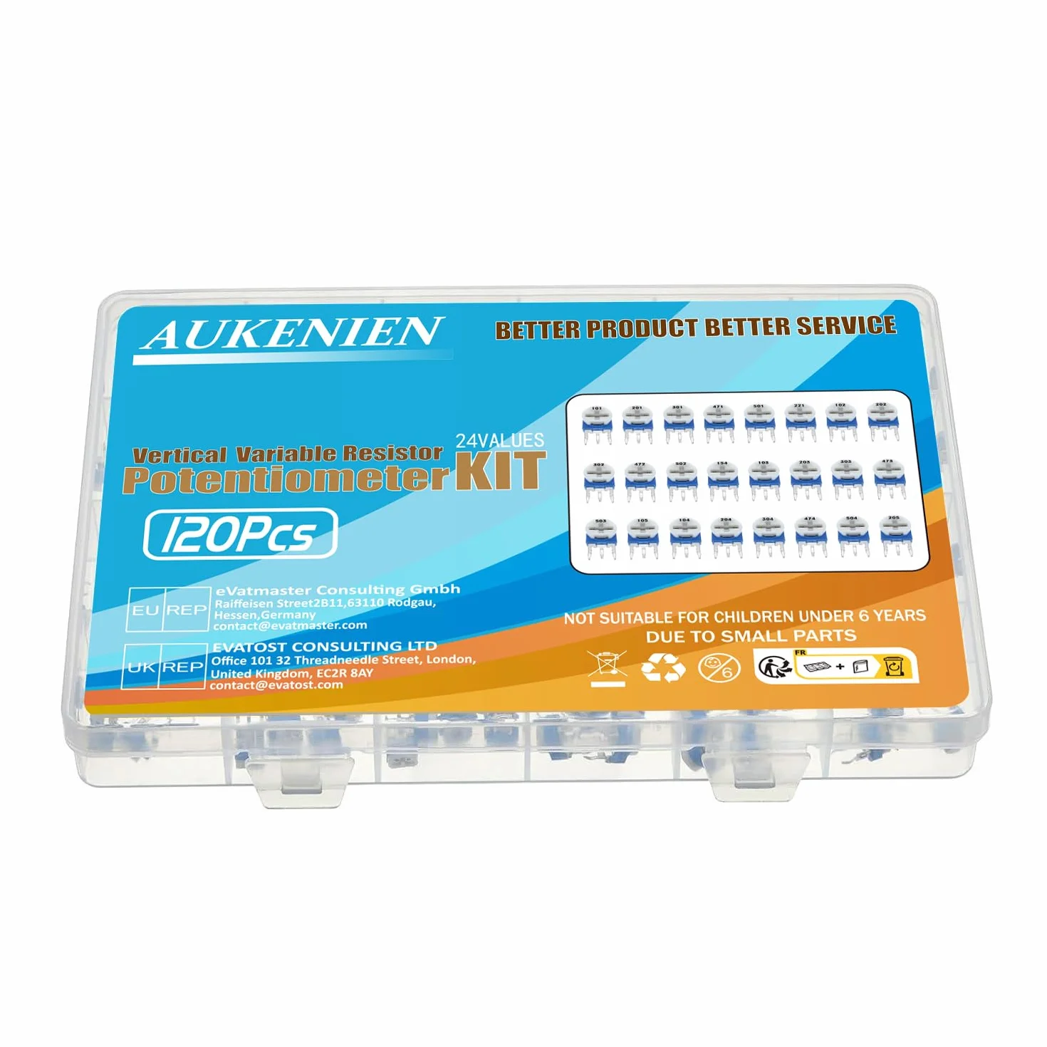 AUKENIEN 120szt Potencjometr trymera pionowy rezystor zmienny 100 Ohm - 2M Zestaw