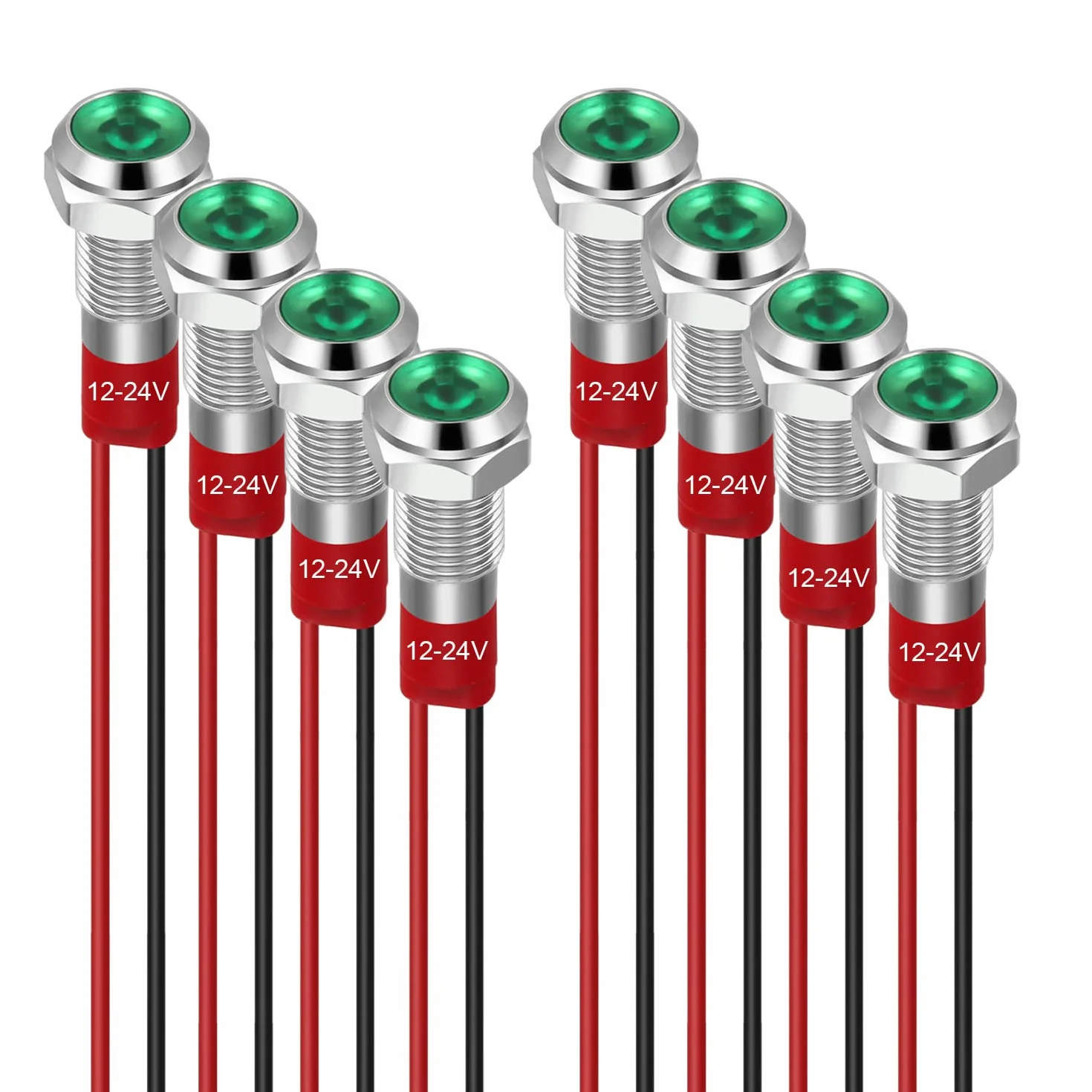 GUUZI 6mm Lampka Kontrolna LED 12-24V Wodoodporna Lampka Sygnalizacyjna Panel Metalowy Wskaźnik LED Lampka Sygnalizacyjna Mocowanie Panelu Głowica Płaska z Przewodami Srebrny Skorupa(Zielony, 8 szt)