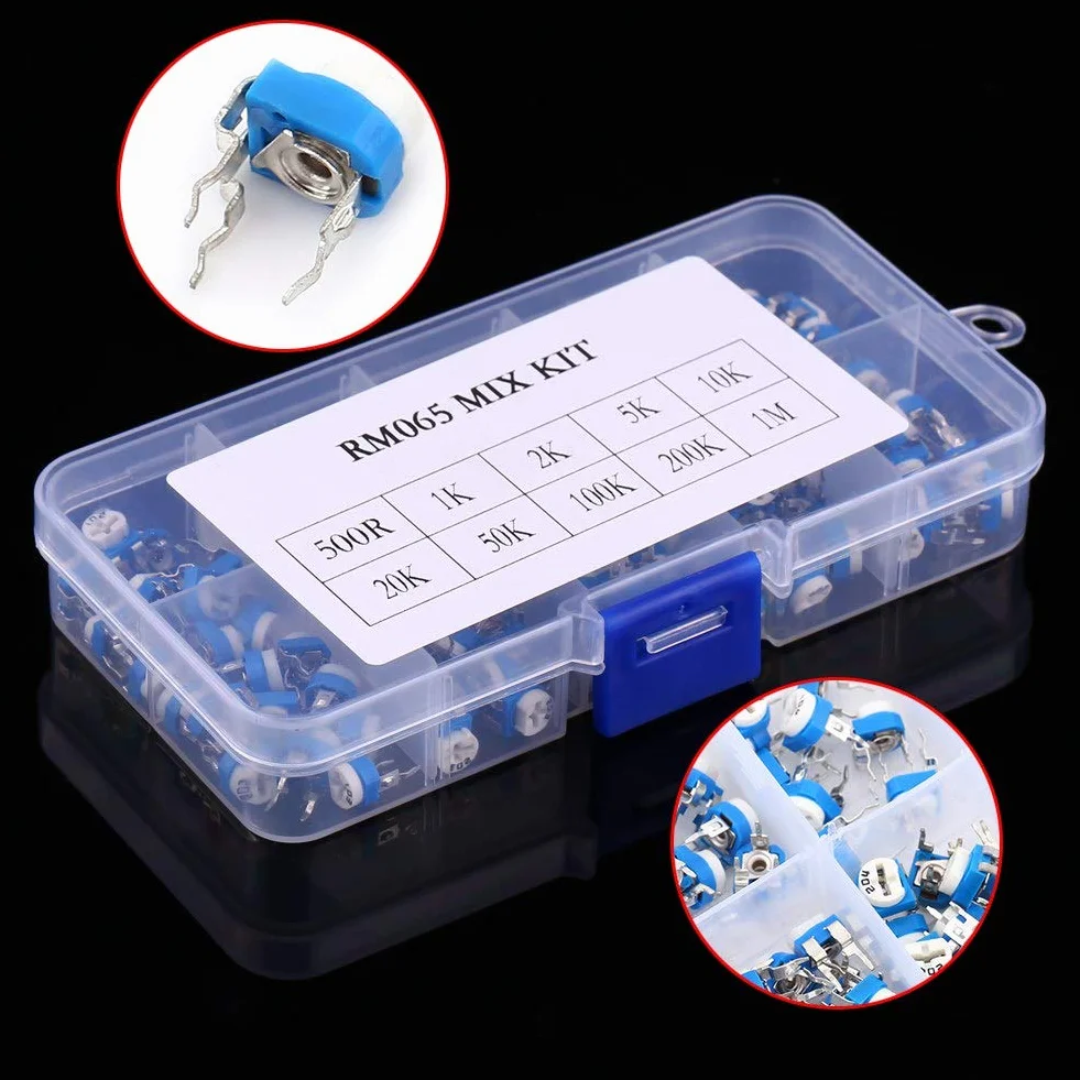 Rezystor zmienny 10 Wartość 500 Ohm-1M Ohm Potencjometr membranowy Reostat Trimpot Asortyment-100 szt., Rezystor