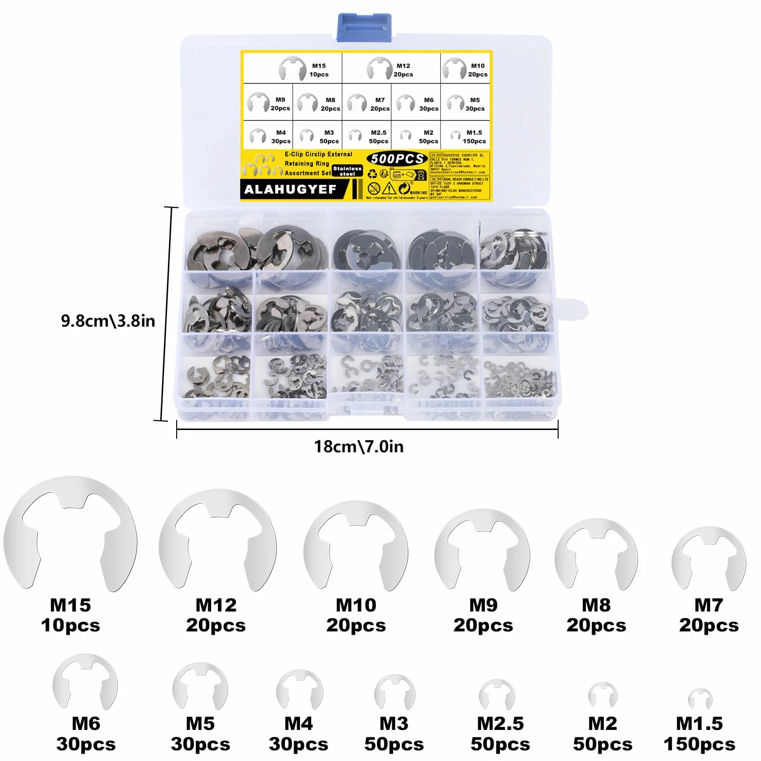 E-Clips, 500 sztuk pierścieni zatrzaskowych E-clip, zestaw pierścieni zaciskowych E-Clip Circlips, zestaw asortymentowy, wewnętrzne zewnętrzne podkładki pierścieniowe do mocowania łożysk, przekładni