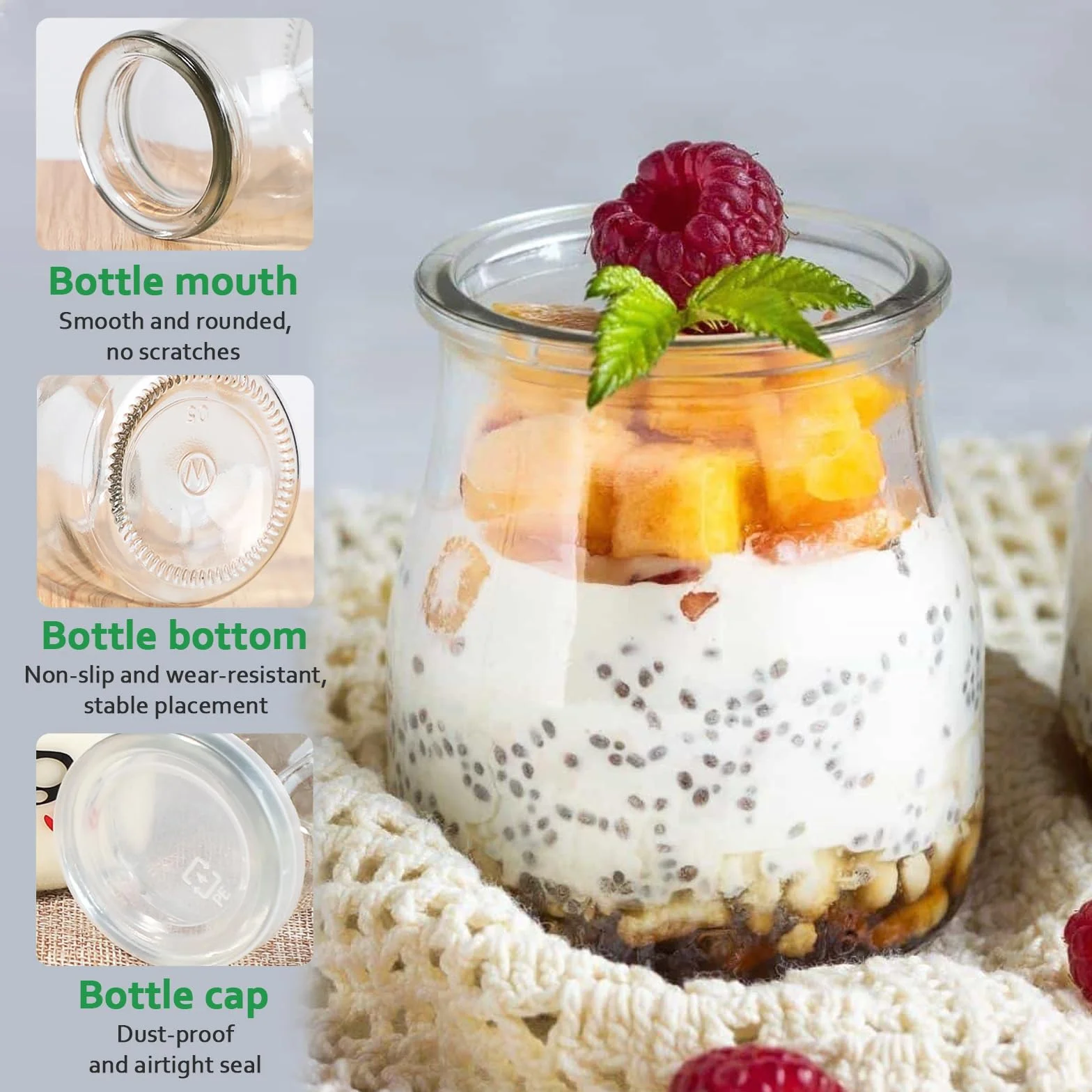 Słoiki na jogurt z pokrywką, 200 ml, 12 przezroczystych słoików deserowych, słoiczków deserowych z pokrywką na galaretki, miód, musli, musli, desery, można myć w zmywarce, zamrażarkę i używać