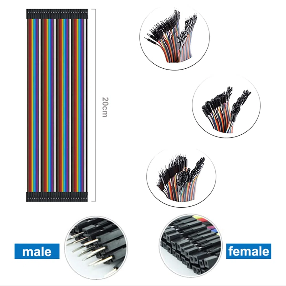 120 Pin Dupont Jumper Wires, 20cm wire length (40Pin Male to Female, 40Pin Male to Male, 40 Pin Female to Female), with Arduino and Raspberry Pi projects (Set of 3)