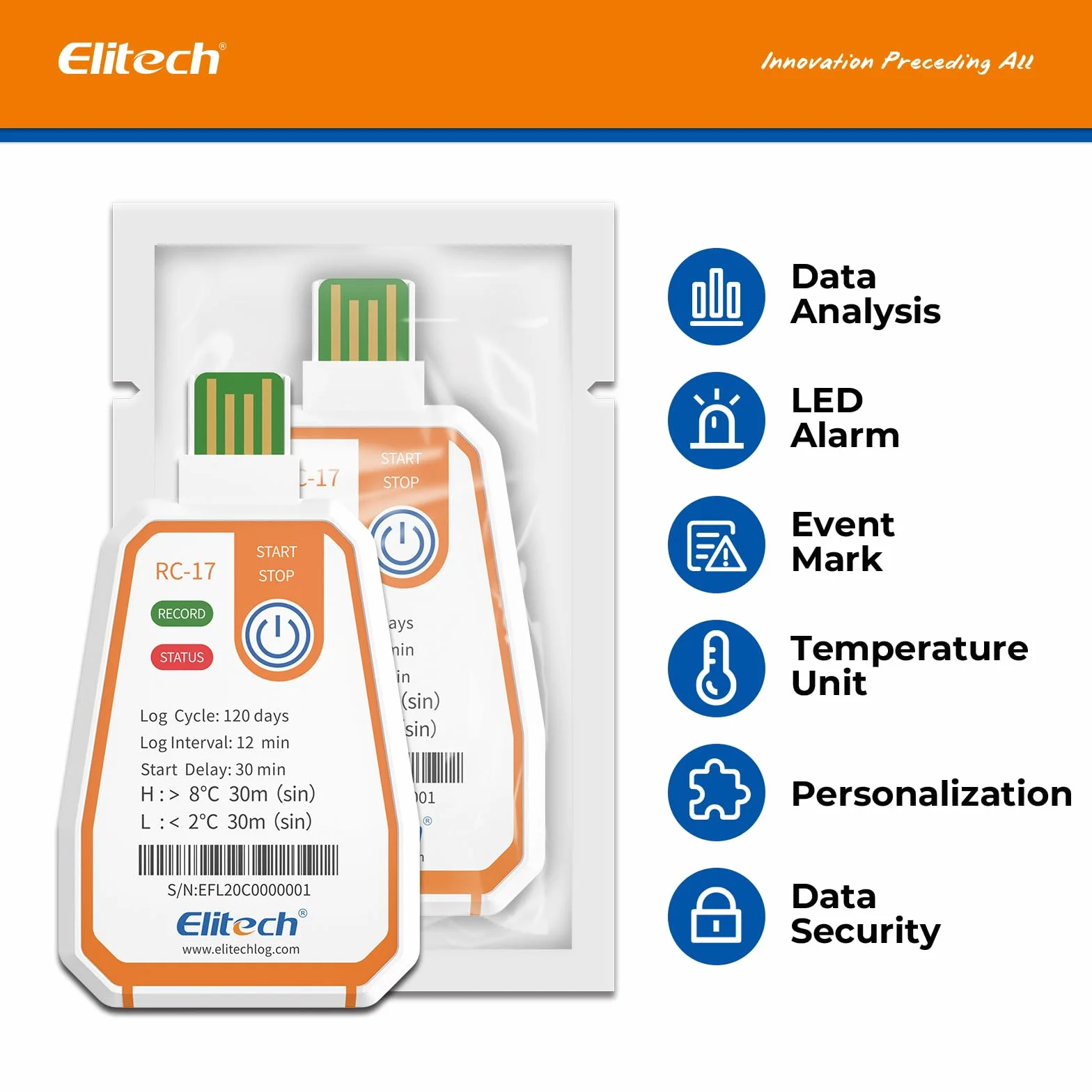 Elitech RC-17 Jednorazowy rejestrator temperatury USB IP67 180 dni 16000 rekordów