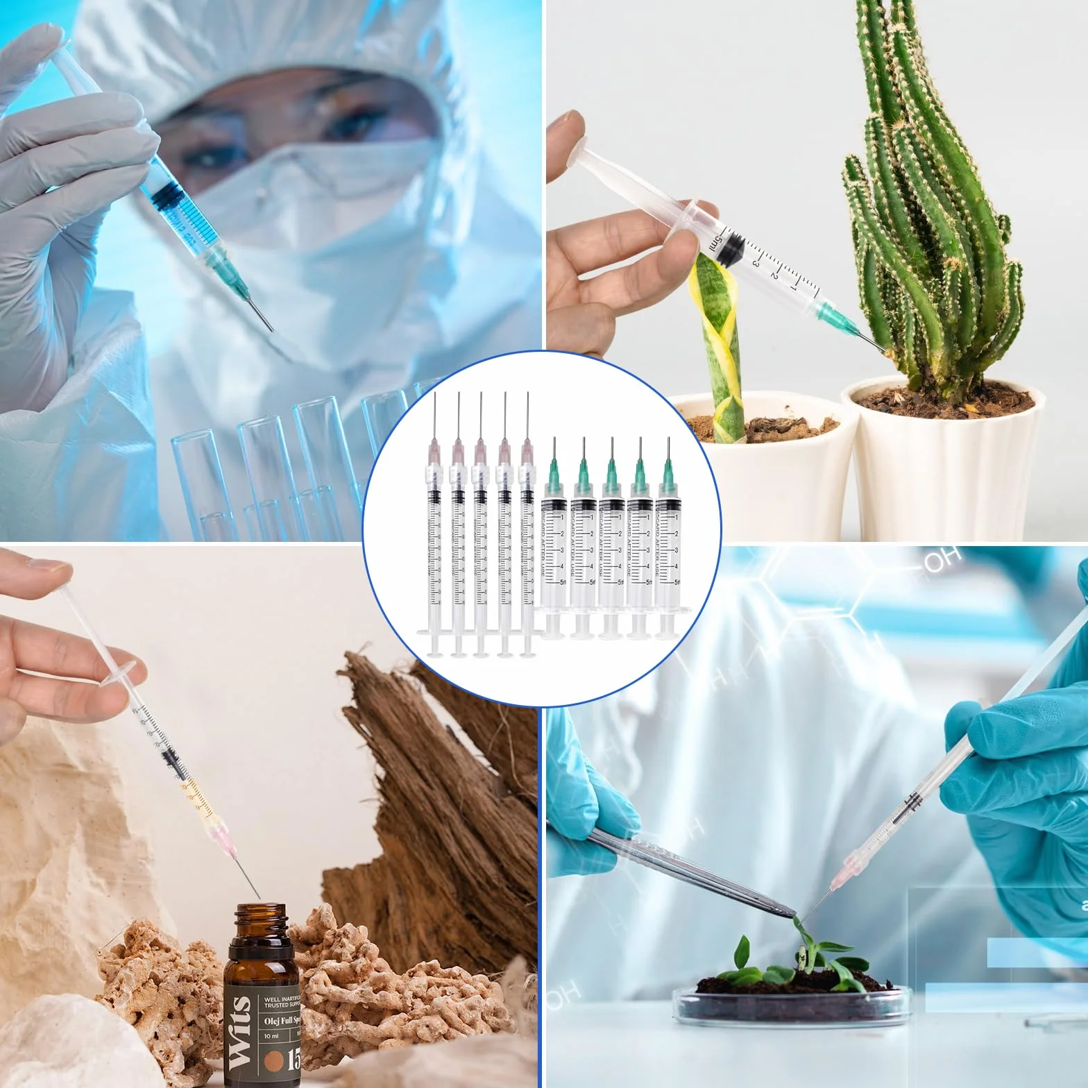10 Sztuk Strzykawki 5 ml i 1 ml z Tępą Igłą - Plastikowa Strzykawka Wielokrotnego Użytku z Pomiarem Do Laboratorium, Przemysłu, Kleju