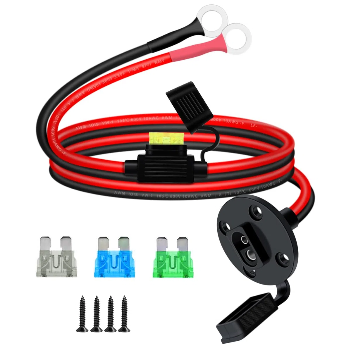 Gniazdo zasilania SAE Port 10AWG 30A SAE ścianka z bezpiecznikiem liniowym i pierścieniami uszczelniającymi 8 mm Gniazdo zasilania słonecznego do motocykli, traktorów i (10 AWG, 2 m)