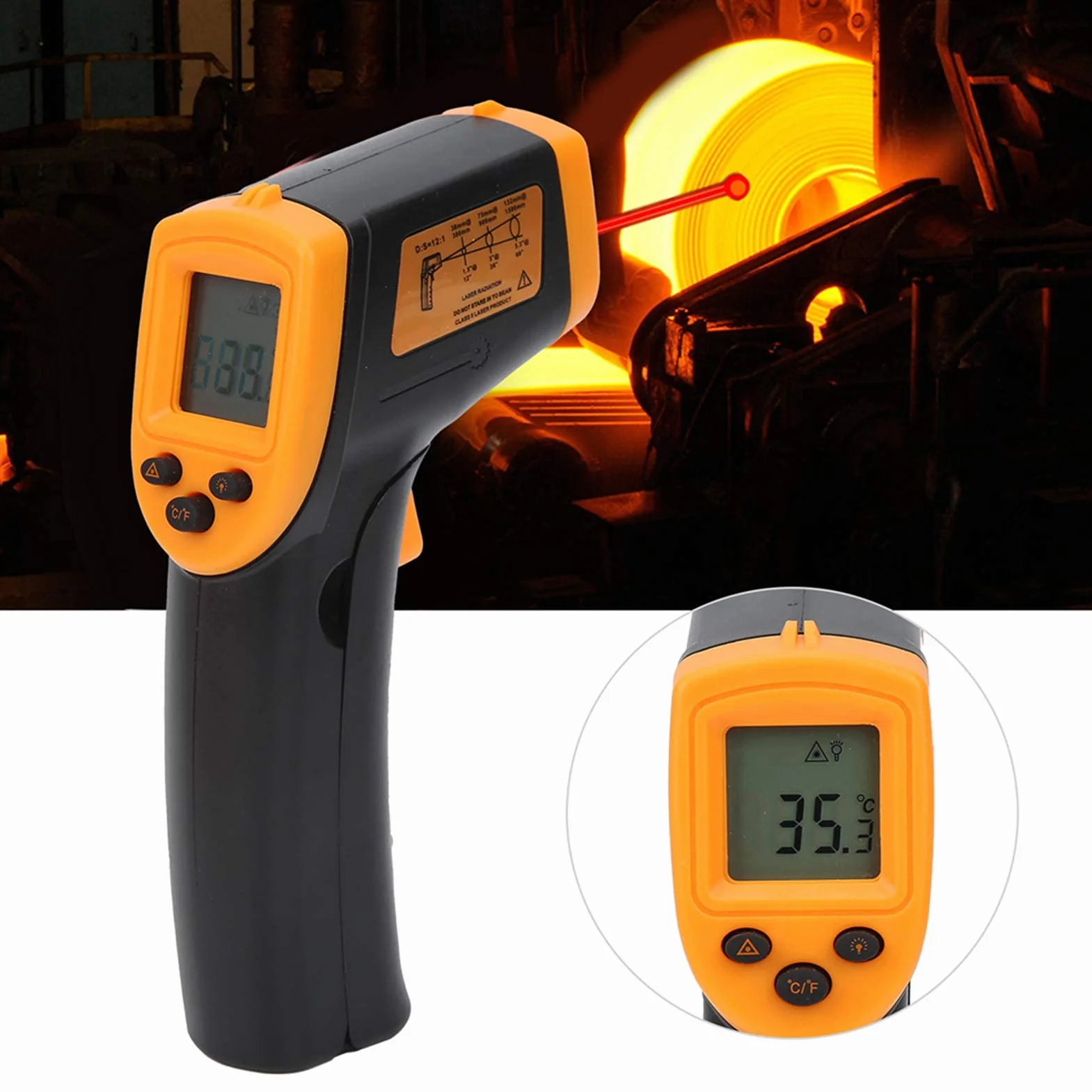 Termometr na podczerwień HW600 Bezkontaktowy Cyfrowy Pomiar Temperatury Wbudowany Pomiar Laserowy Żółty