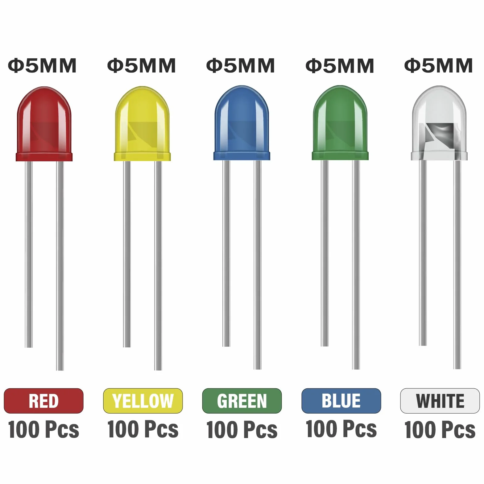Zestaw 500 diod LED 5 mm diody LED o wysokiej jasności 5 kolorów niebieski czerwony biały żółty zielony dyfuzor emitujący światło diody 5 mm okrągłe 2 piny do majsterkowania (100 szt. dla