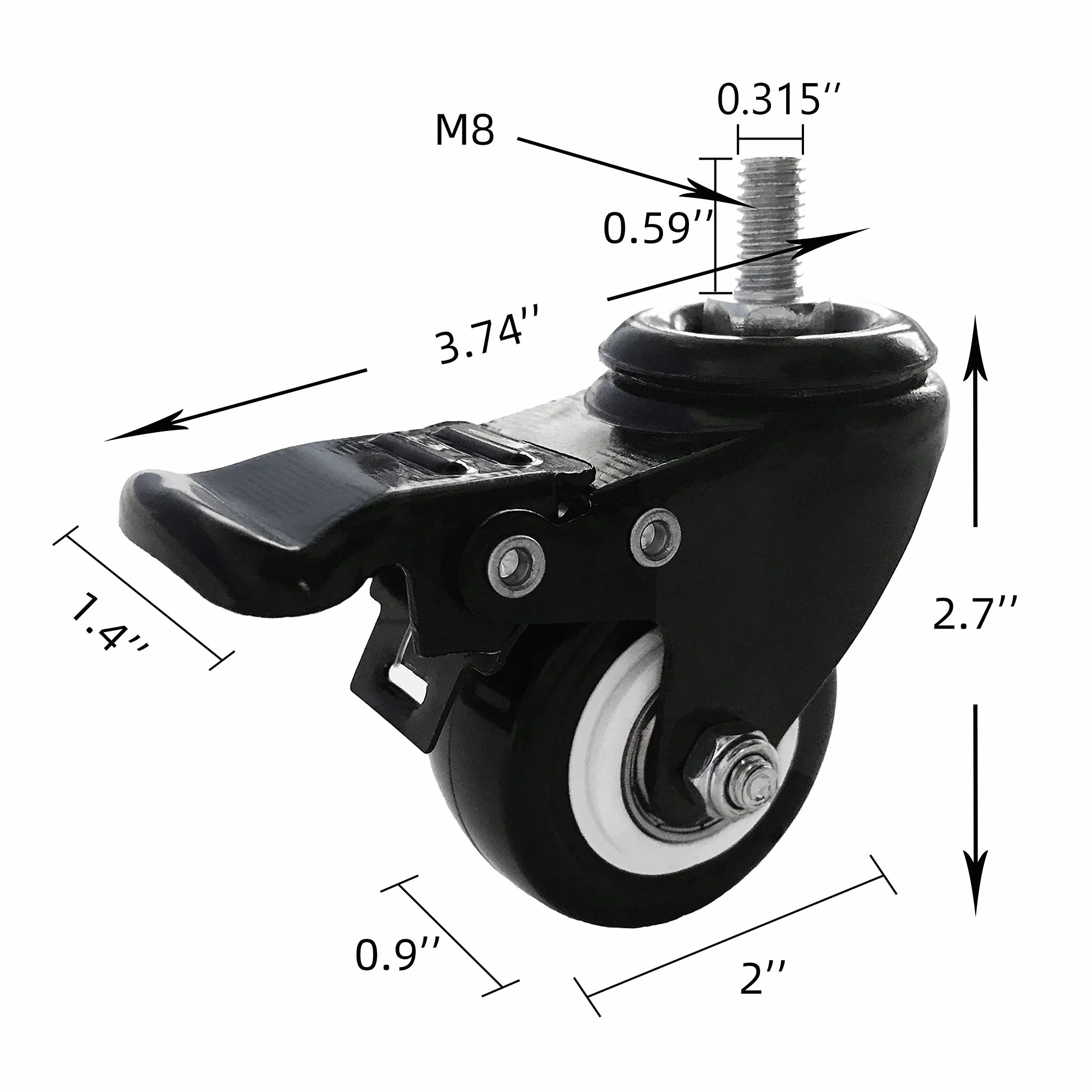 2" M8 15 mm, gwintowane kółka samonastawne, zestaw 4 szt., obrotowe, obrotowe kółka kulkowe z poliuretanu PU z górną płytą 360 stopni, całkowita pojemność, hamulec, używane do biurka