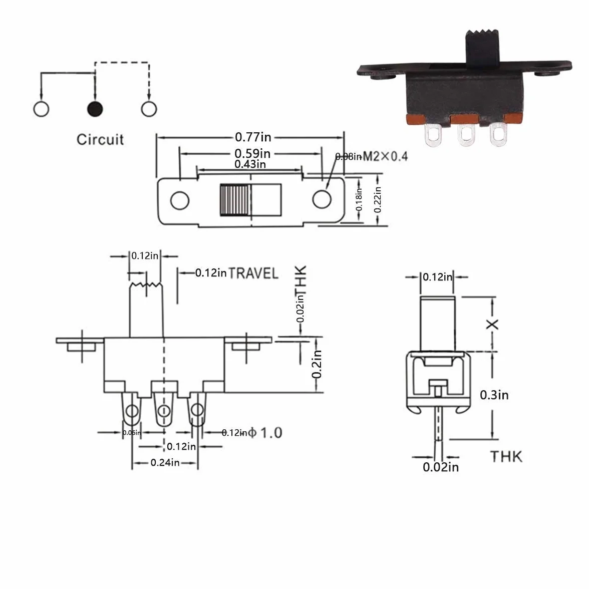 Przełączniki suwakowe mini 3-pinowe 2 pozycje SPDT 0,5 A 50 V DC HUAYAO 180 sztuk