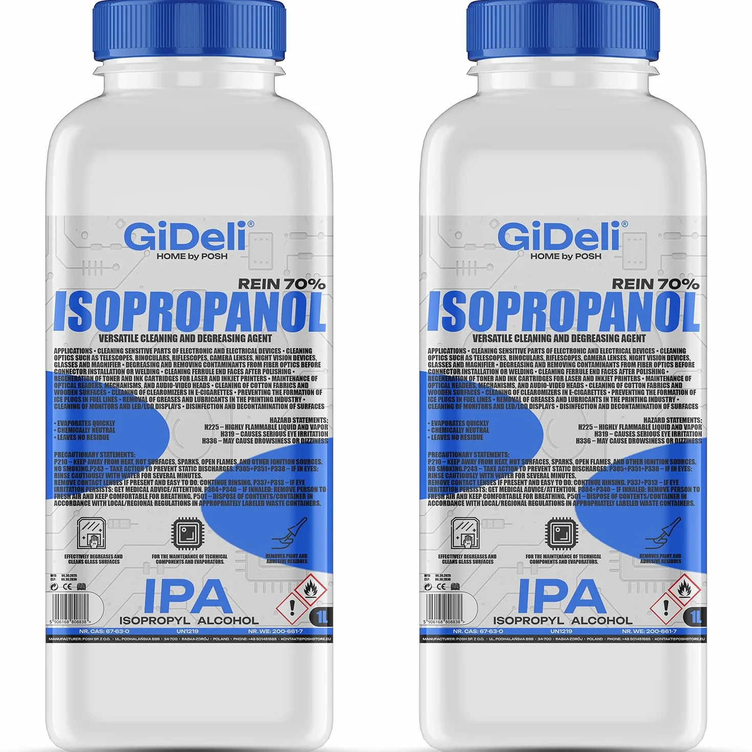 GiDeli Izopropanol 70%, 2 x 1 litr, wysokoprocentowy alkohol izopropylowy IPA, alkohol czyszczący do czyszczenia elementów elektronicznych, soczewek i ekranów