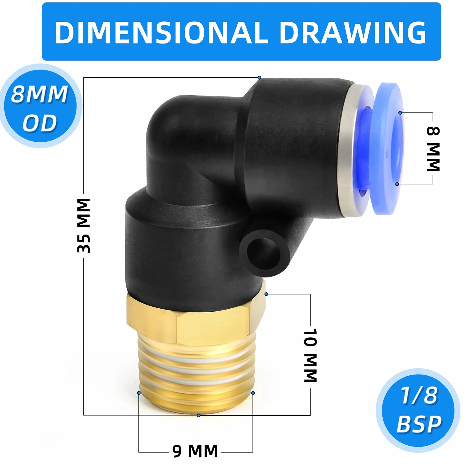 8 mm Tube AD x 1/8 BSP Męski Elbow Push to Connect Fittings PL8-01