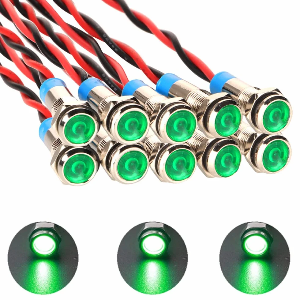 Gebildet 10 Sztuk 6mm 1/4" AC/DC 12-24V Led Metalowy Wskaźnik Świetlny Wodoodporna Lampka Sygnalizacyjna Zielony