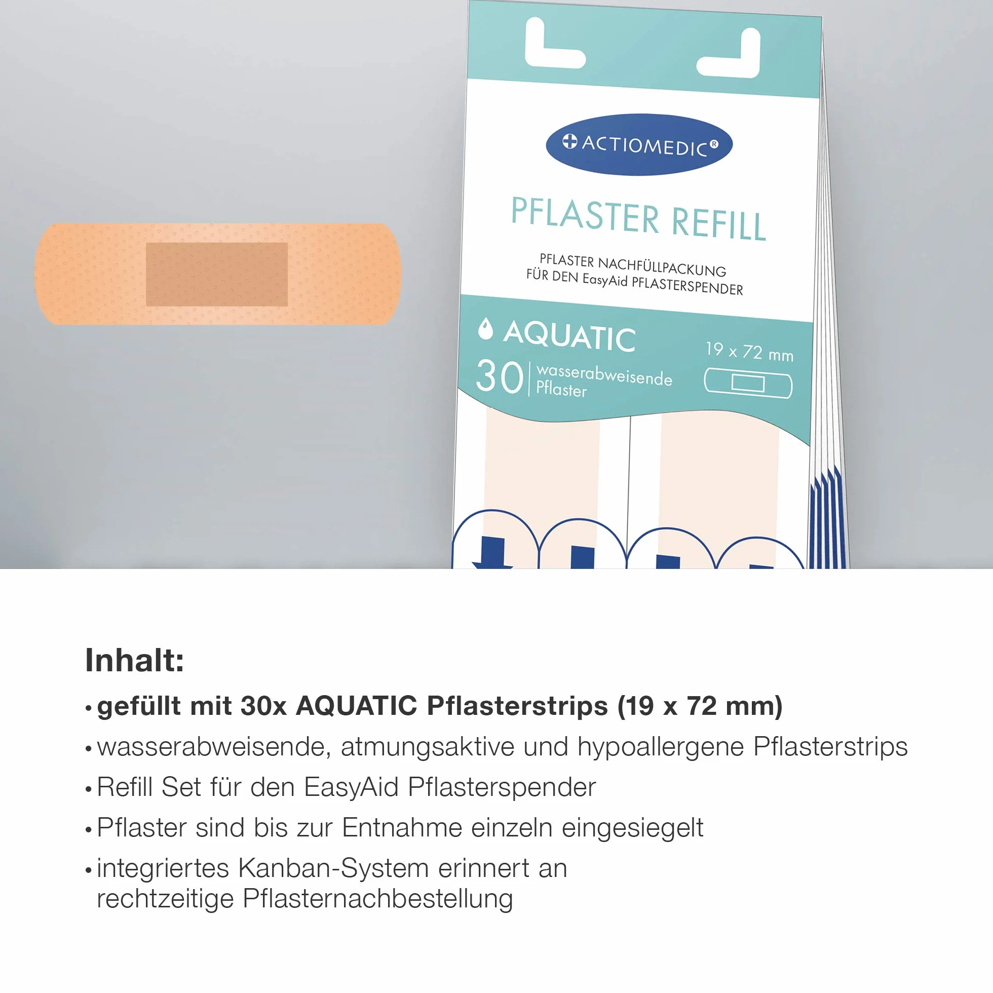 ACTIOMEDIC I AQUATIC zestaw do uzupełniania plastrów, 30 sztuk, Kompatybilny z EasyAid Dozownikiem Plastrów, Hipoalergiczne, hydrofobowe opatrunki, Opatrunek na palce dla dzieci i dorosłych
