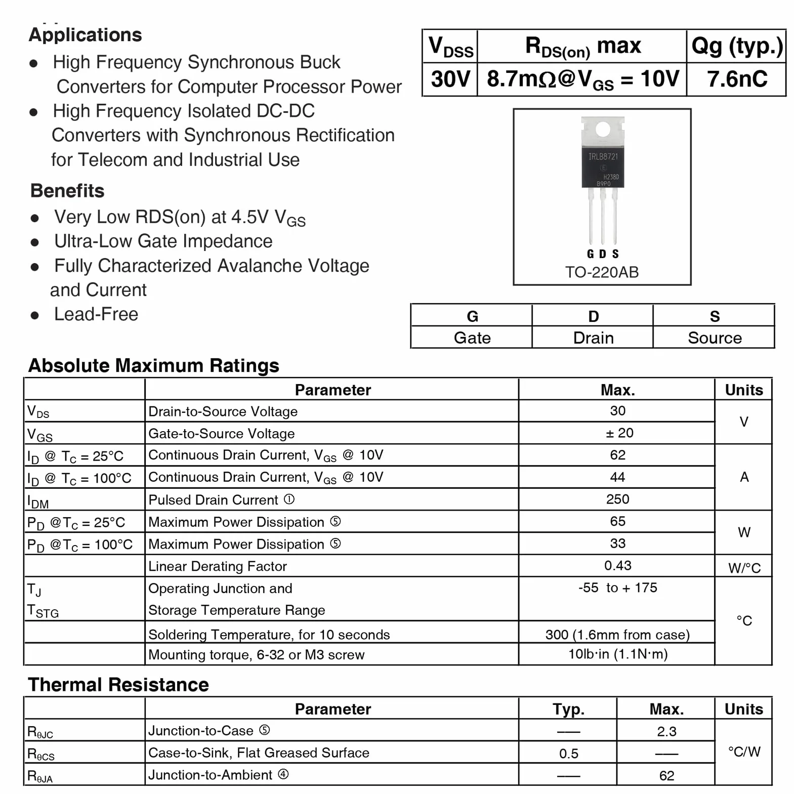 10 sztuk IRLB8721 IRLB8721N IRLB8721PBF tranzystory MOSFET wydajność produkty półprzewodnikowe 30 V 62 A N-kanał tranzystor Mosfet 30 V 62 A TO-220